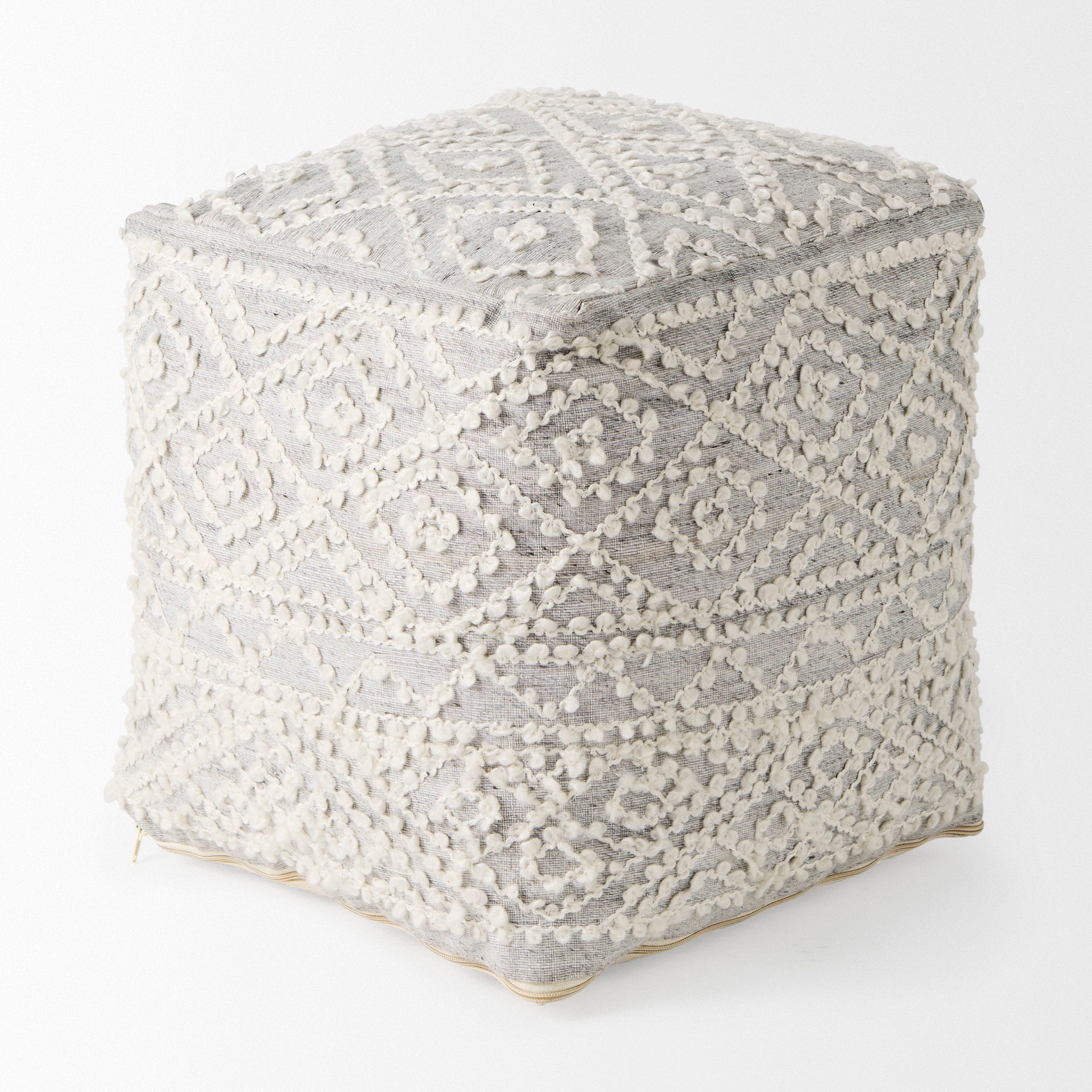 Farida 6.0L x 16.0W x 16.0H Light Gray Wool and Polyester Patterned Pouf - Central Designs