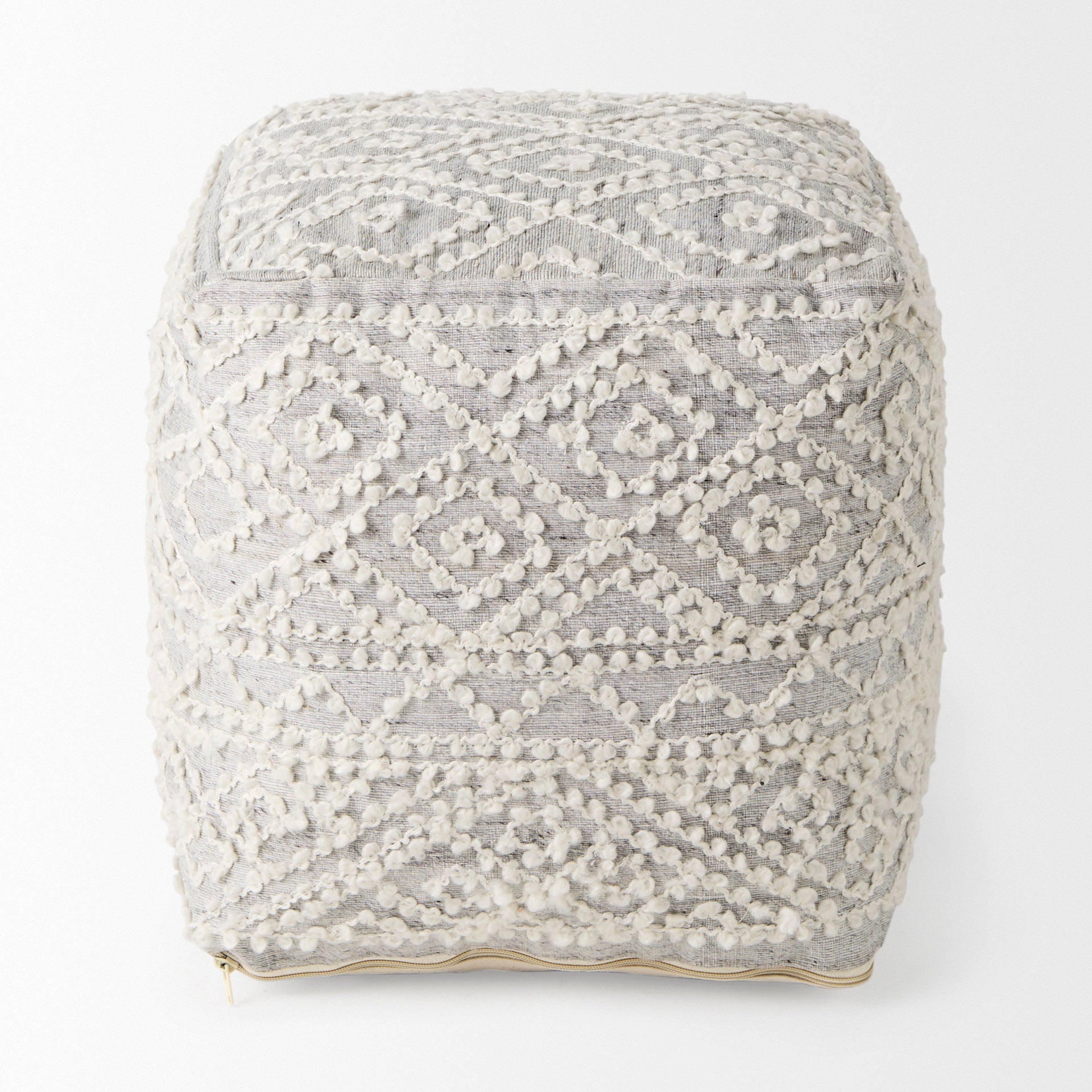 Farida 6.0L x 16.0W x 16.0H Light Gray Wool and Polyester Patterned Pouf - Central Designs
