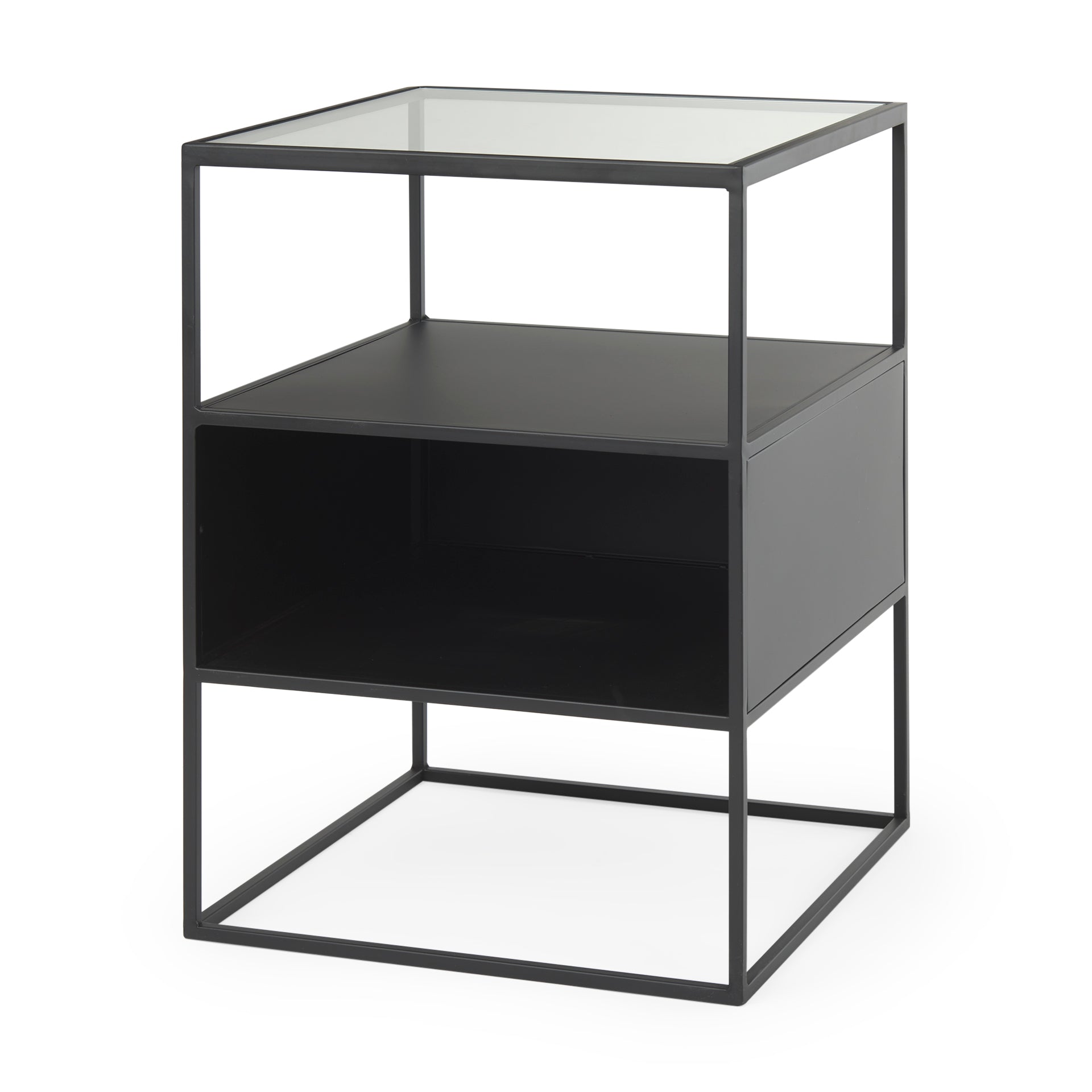 Samson 15.7L x 15.7W x 21.3H Side Table Matte Black Metal and Glass - Central Designs