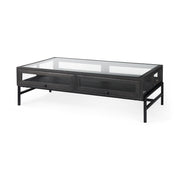 Arelius 42"L Rectangular Glass - Top Black - Brown Wood w/ Black Metal Base Display Coffee Table - Central Designs