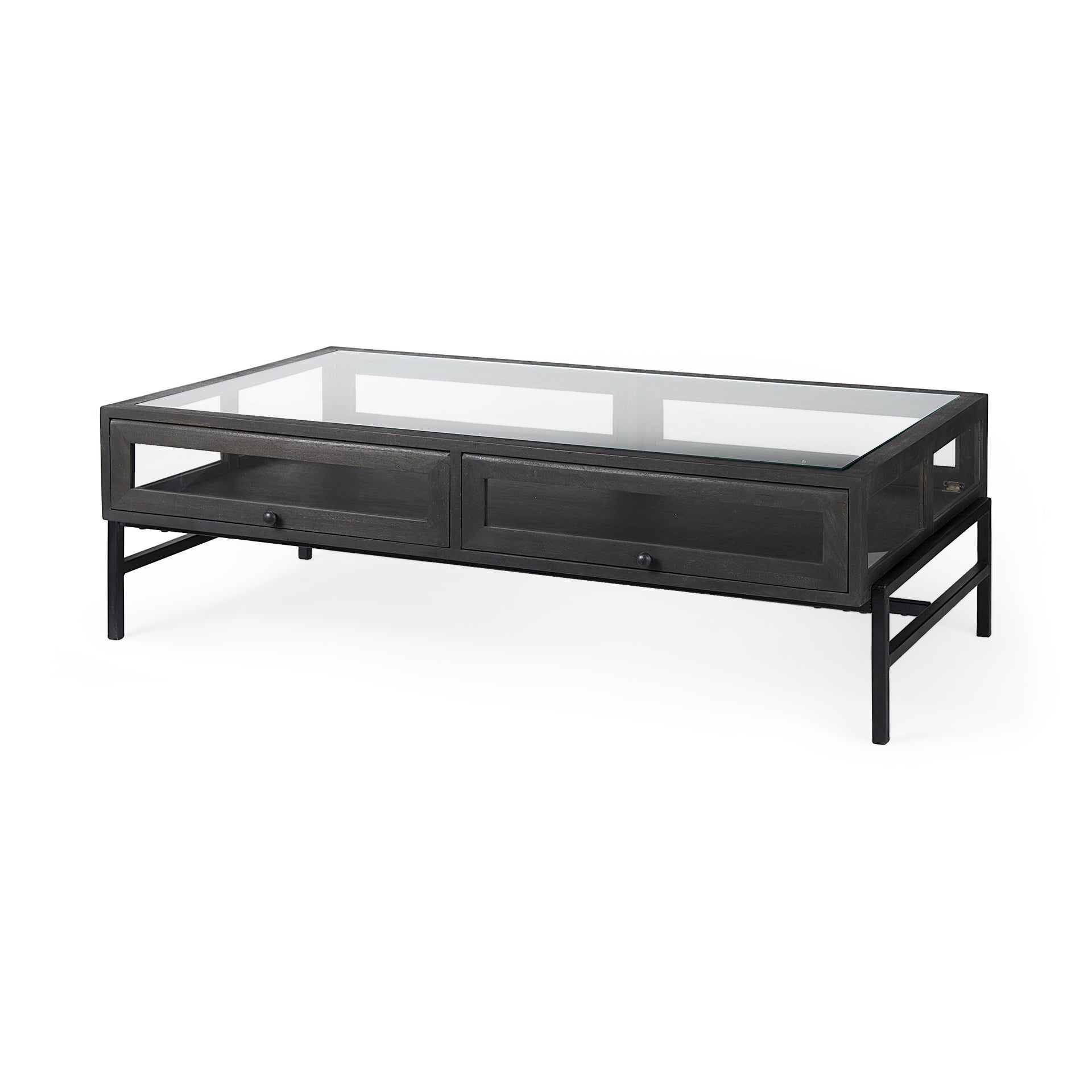 Arelius 42"L Rectangular Glass - Top Black - Brown Wood w/ Black Metal Base Display Coffee Table - Central Designs