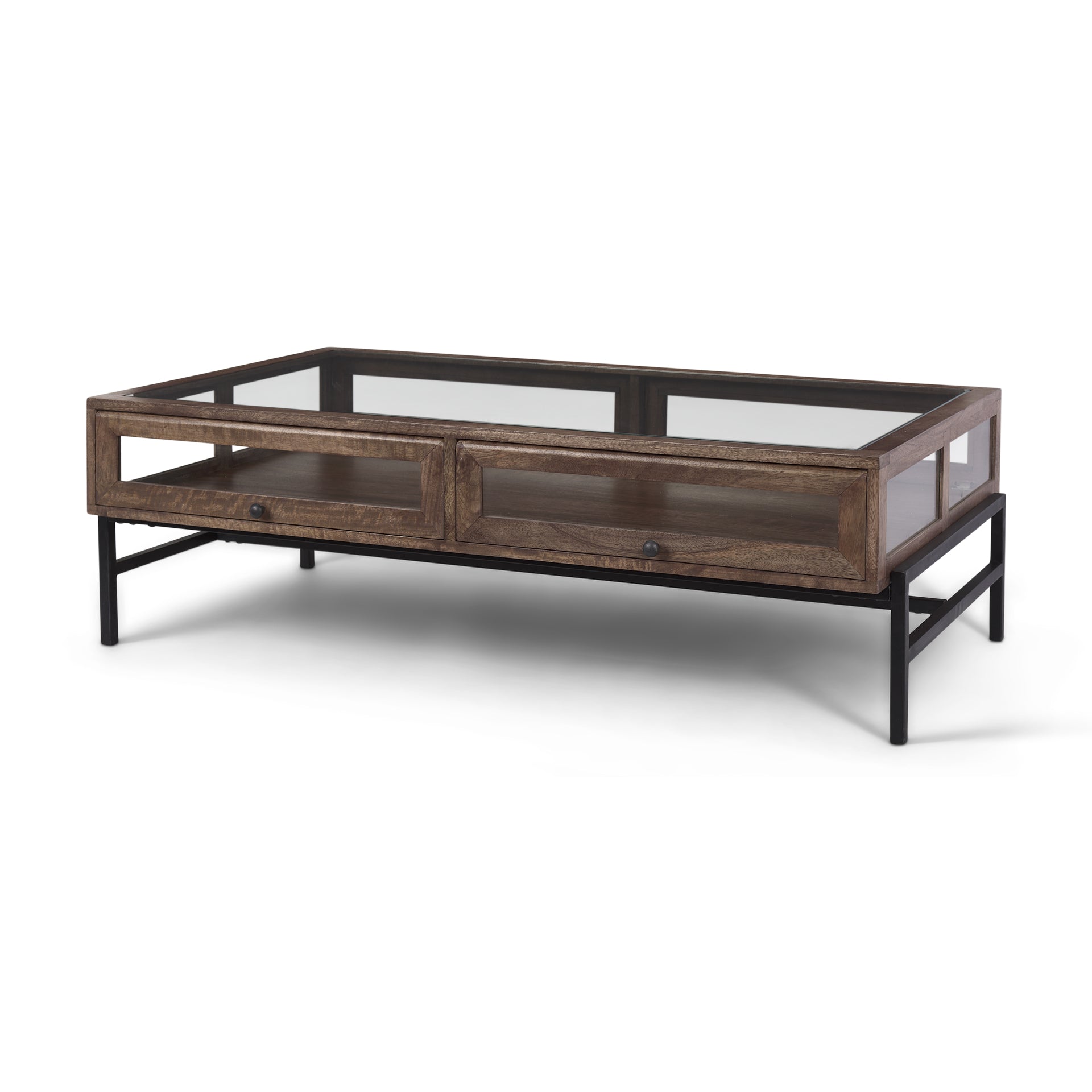 Arelius Rectangular Glass - Top Medium Brown Wood w/ Black Metal Base Display Coffee Table - Central Designs