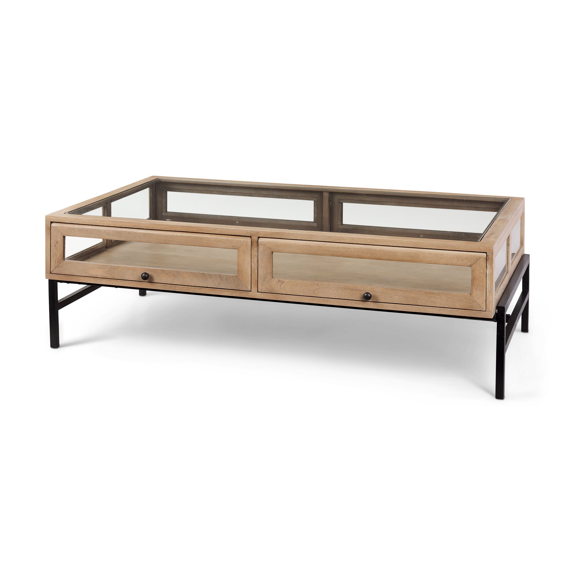 Arelius 42"L Rectangular Light Brown Wood w/ Black Metal Base Display Coffee Table - Central Designs