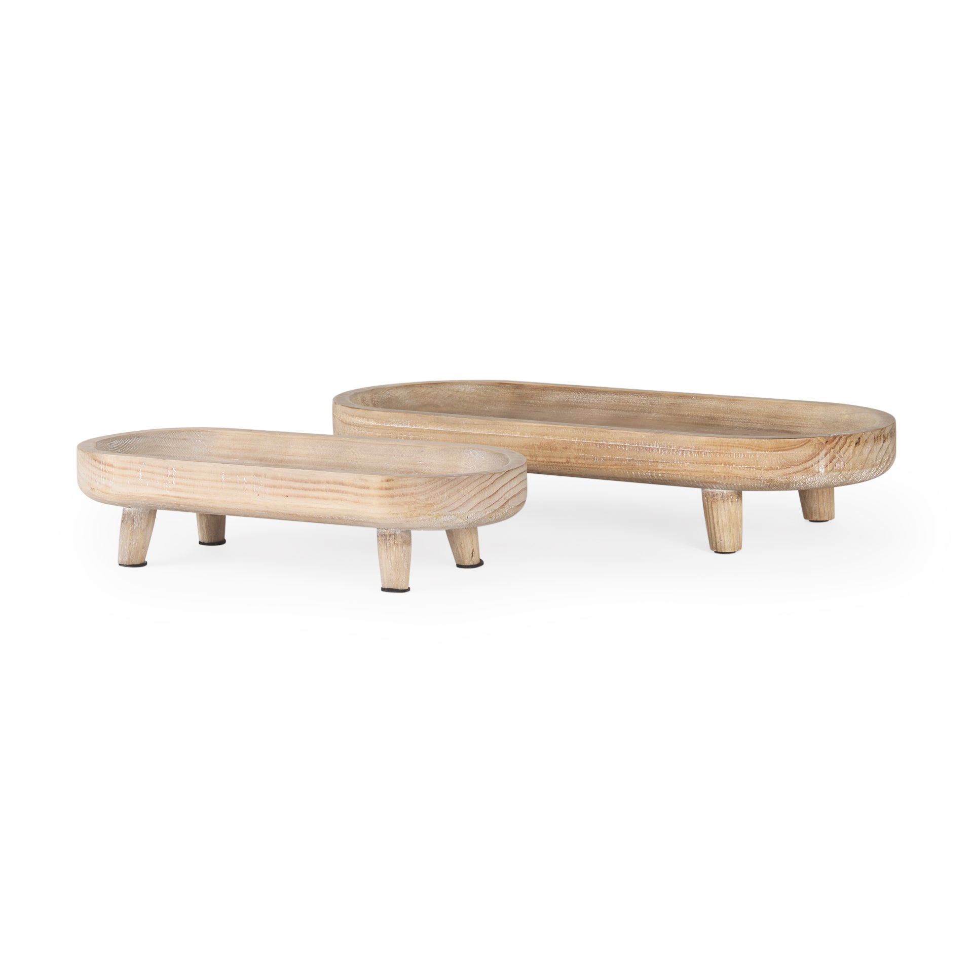Carver Set of 2 Oblong White Washed Wood Footed Trays - Central Designs