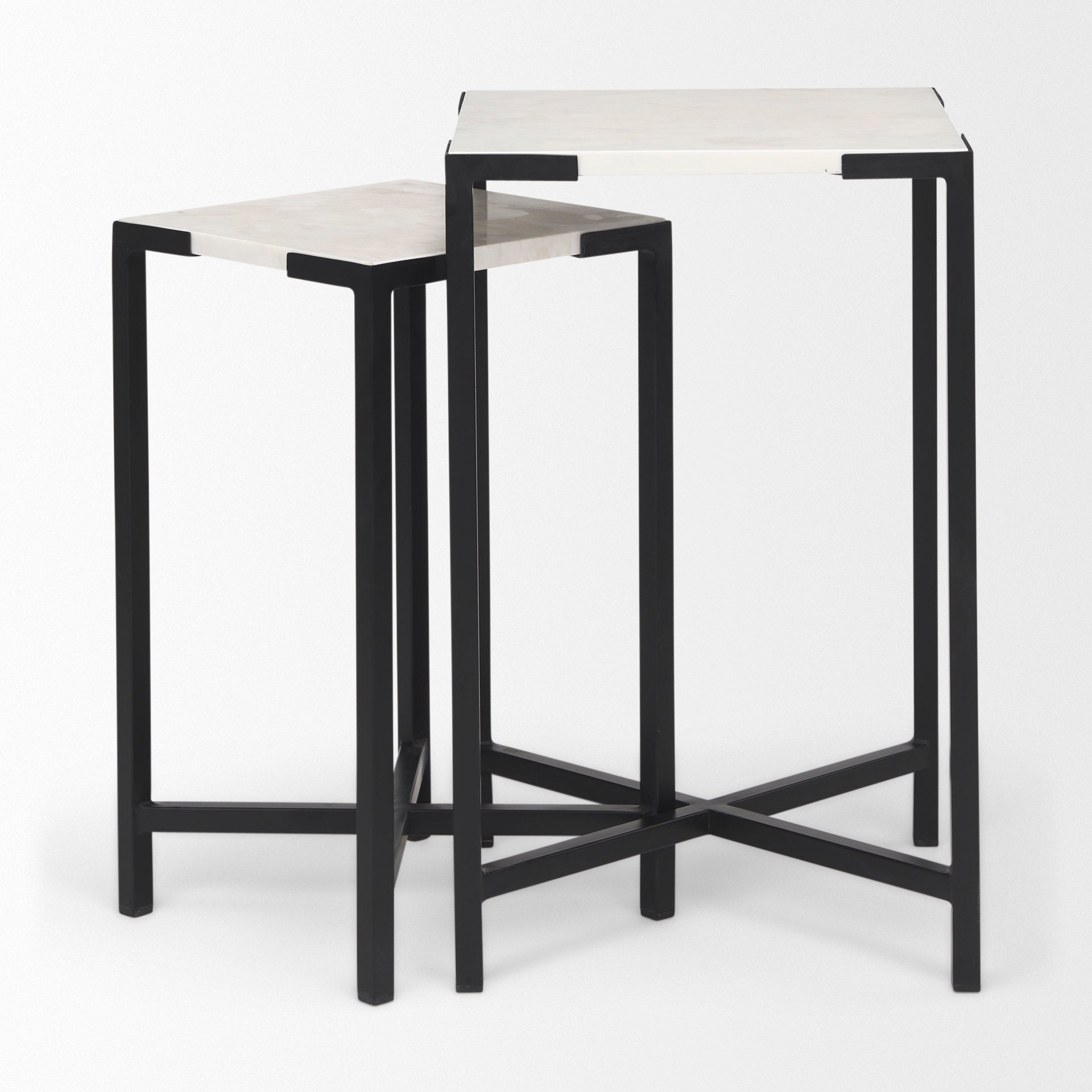 Lucas III (Set of 2) 15L x 15W; 12L x 12W White Marble W/Black Iron Frame Accent Tables - Central Designs