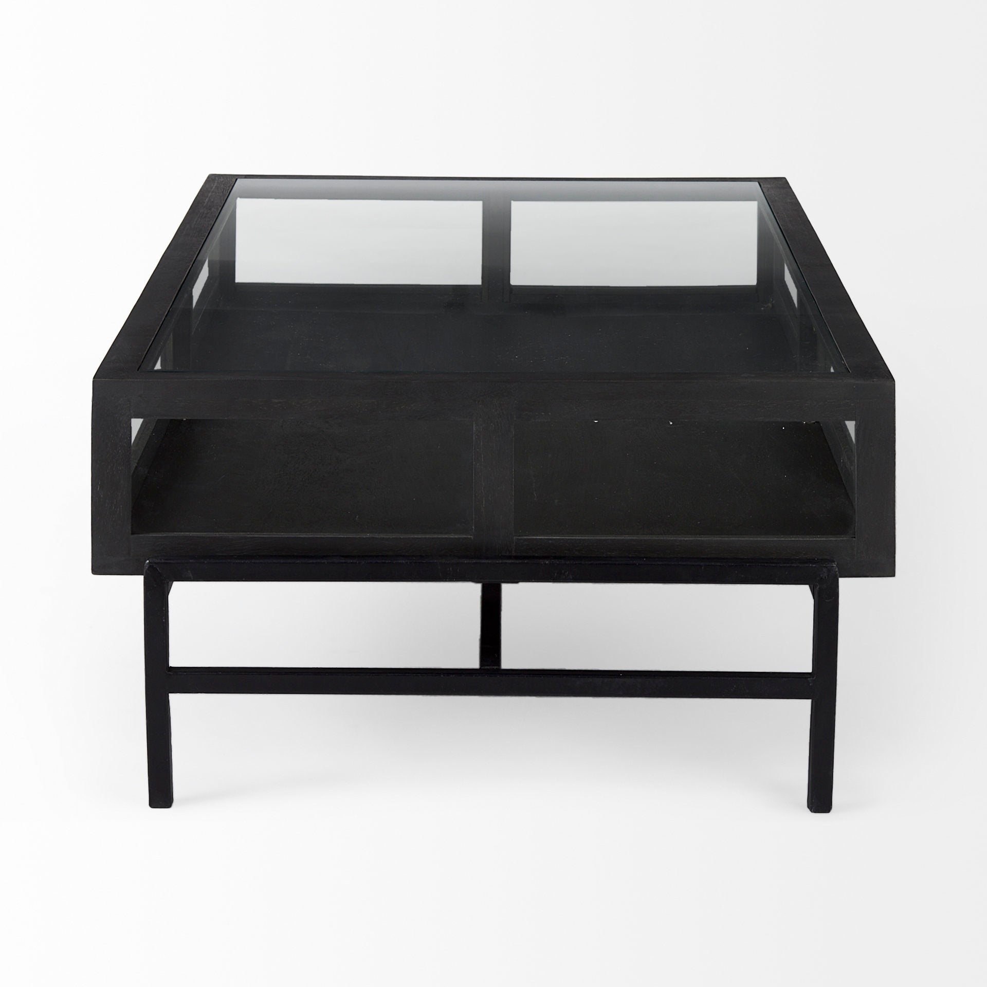 Arelius 42"L Rectangular Glass - Top Black - Brown Wood w/ Black Metal Base Display Coffee Table - Central Designs