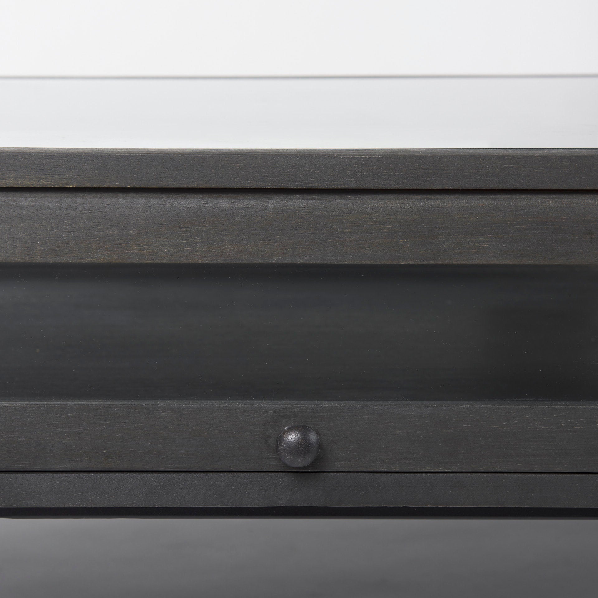 Arelius 42"L Rectangular Glass - Top Black - Brown Wood w/ Black Metal Base Display Coffee Table - Central Designs