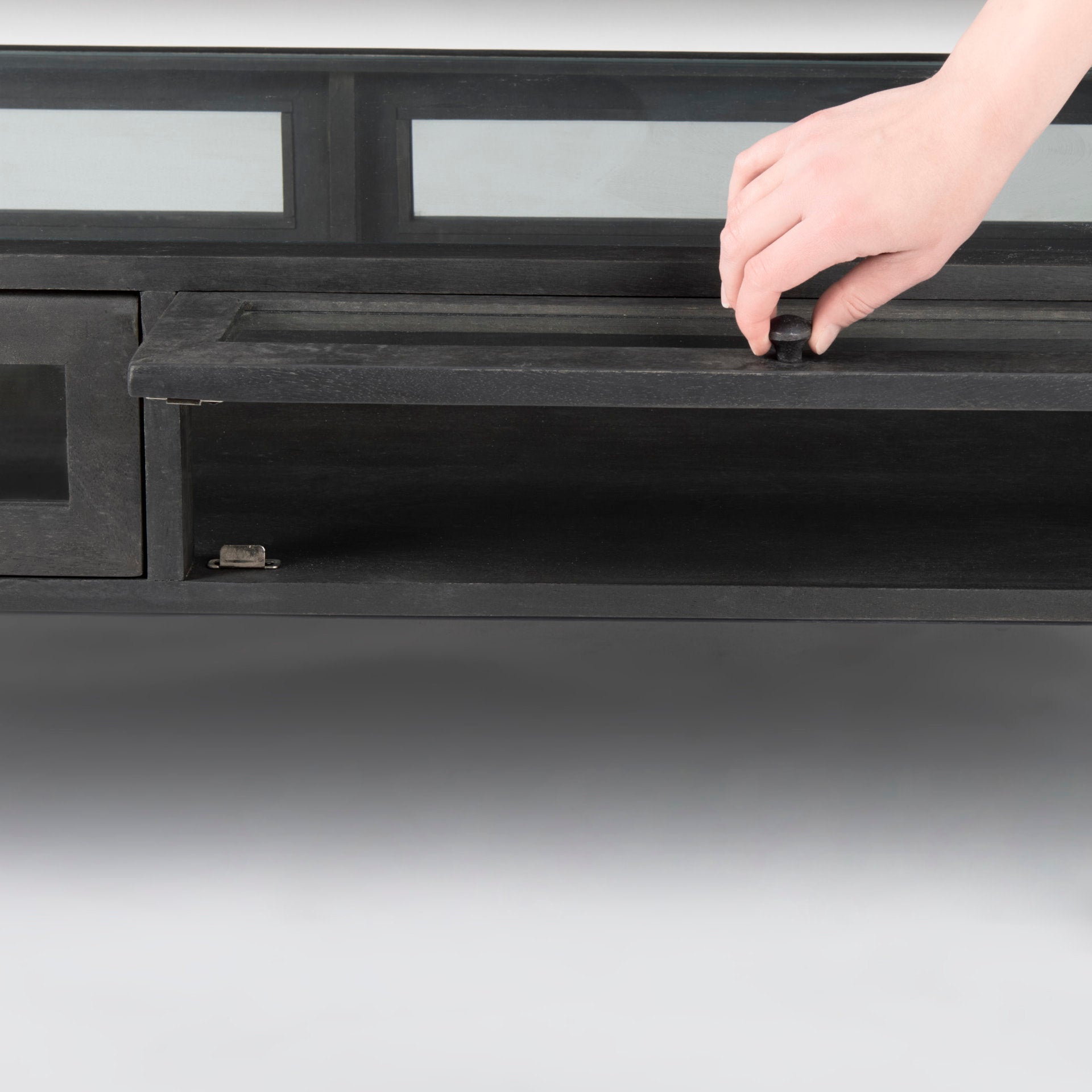 Arelius 42"L Rectangular Glass - Top Black - Brown Wood w/ Black Metal Base Display Coffee Table - Central Designs