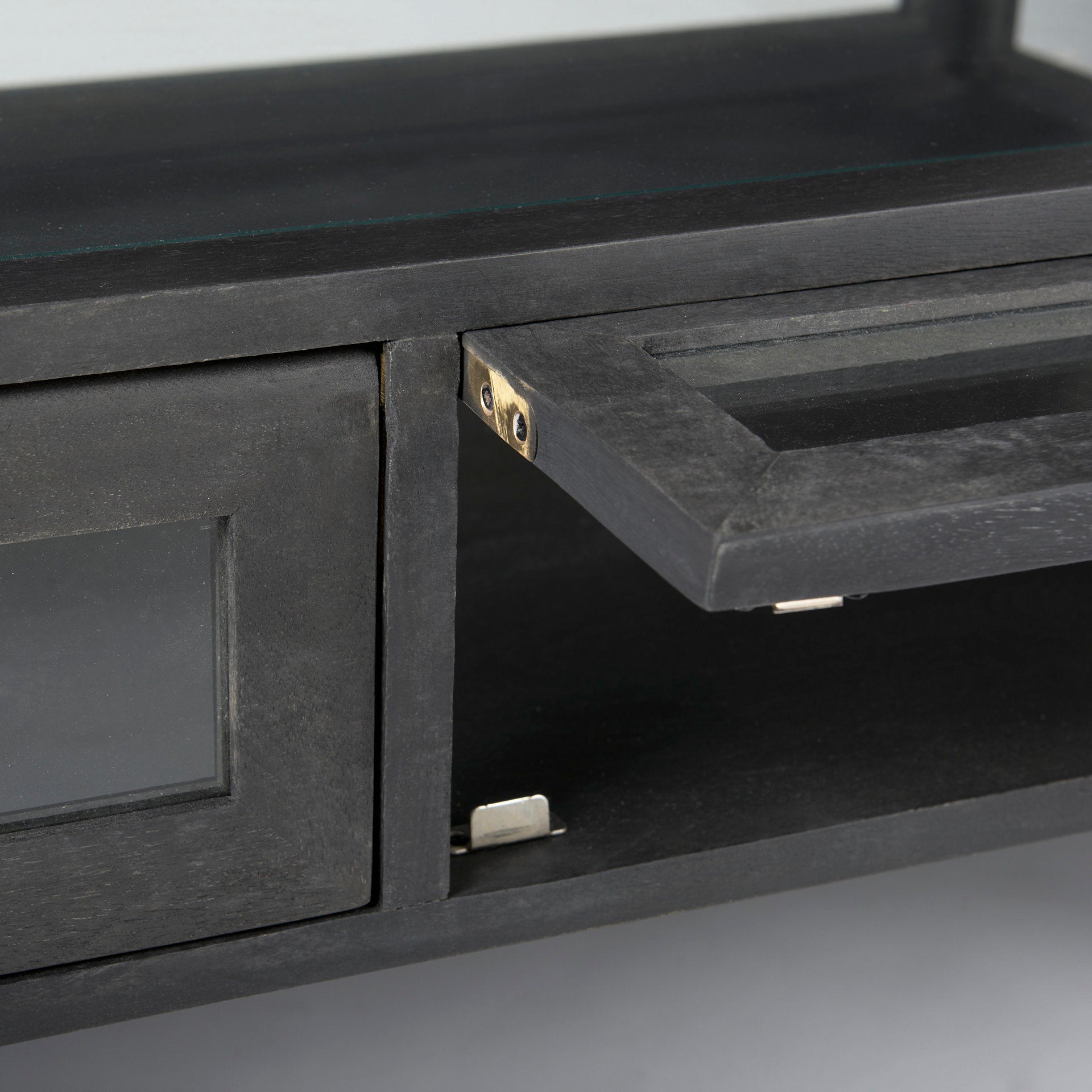 Arelius 42"L Rectangular Glass - Top Black - Brown Wood w/ Black Metal Base Display Coffee Table - Central Designs