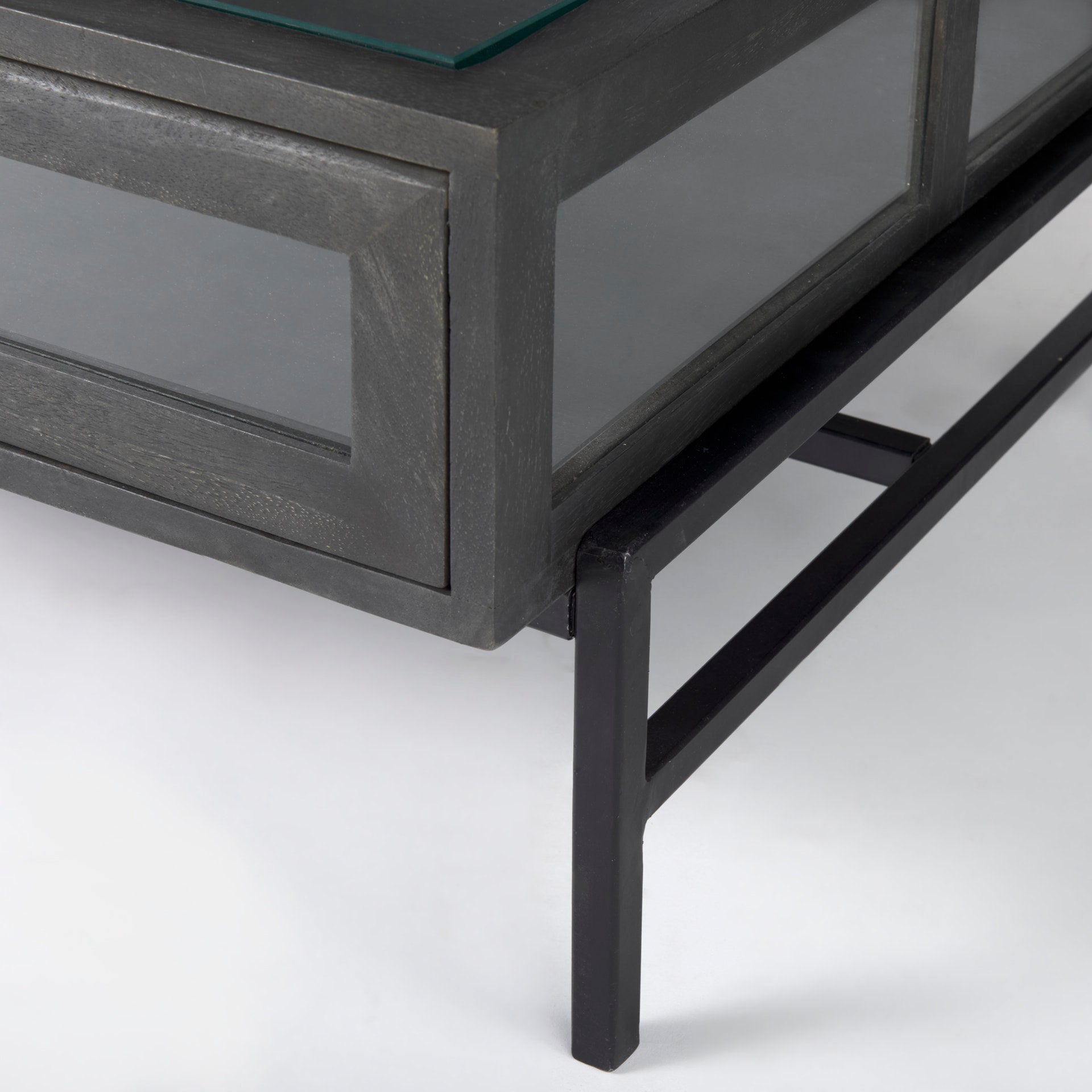 Arelius 42"L Rectangular Glass - Top Black - Brown Wood w/ Black Metal Base Display Coffee Table - Central Designs