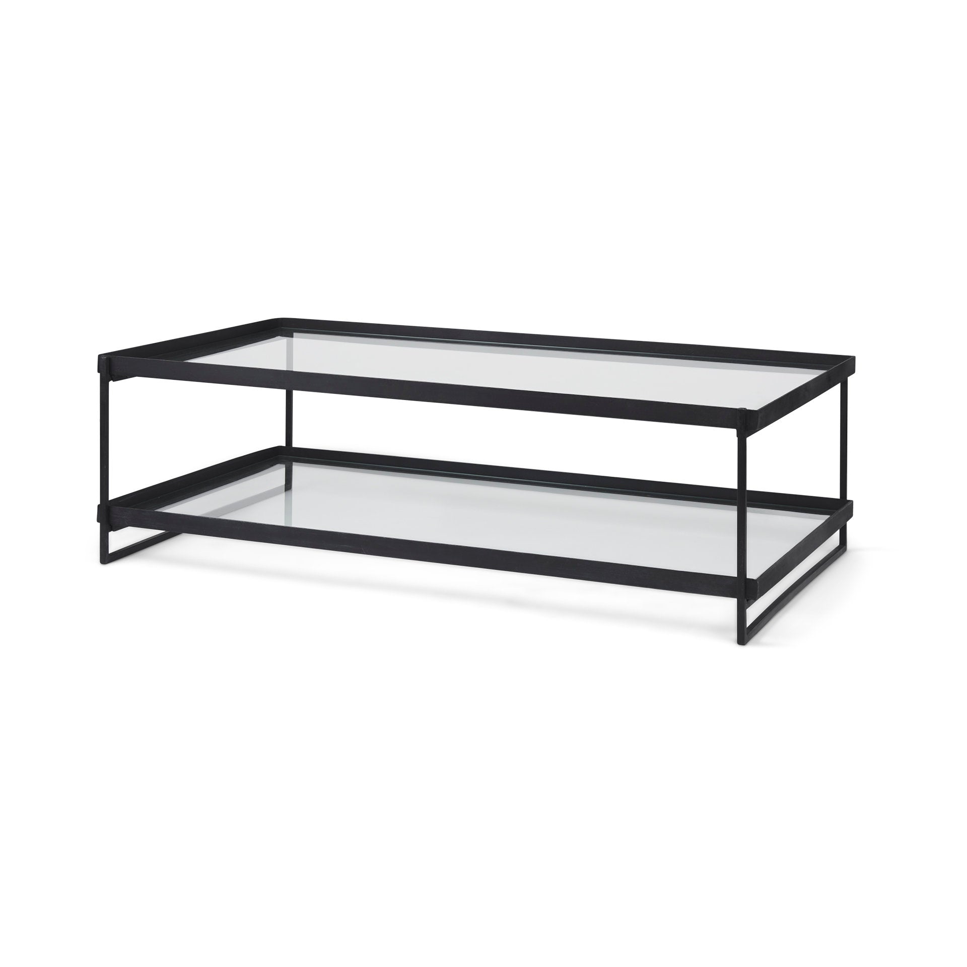 Trey 56"L x 32"W x 17"H Black Metal W/Glass Coffee Table - Central Designs