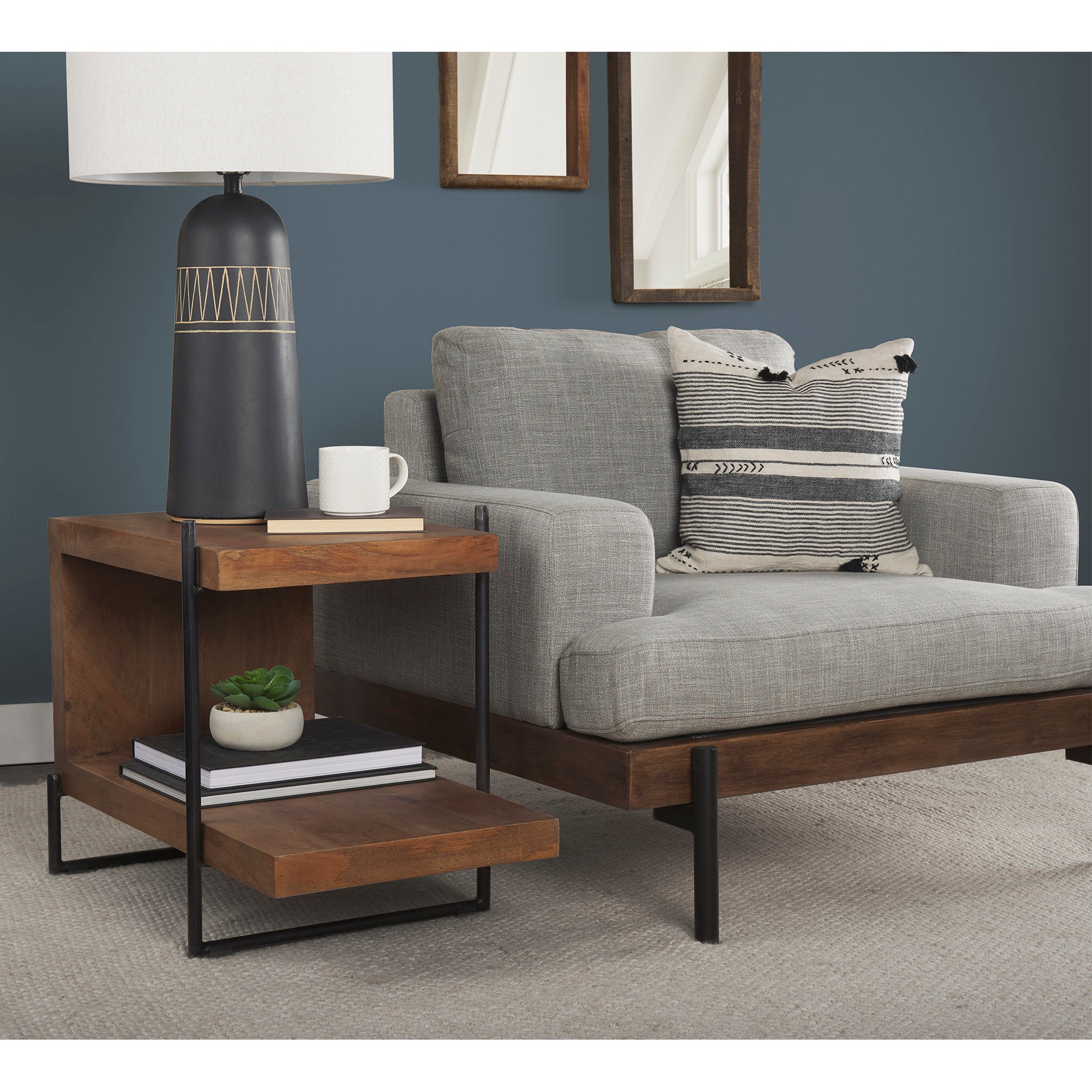 Maddox 30L x 18W x 22H Medium Brown Wood w/ Black Metal U - shaped End/Side Table - Central Designs