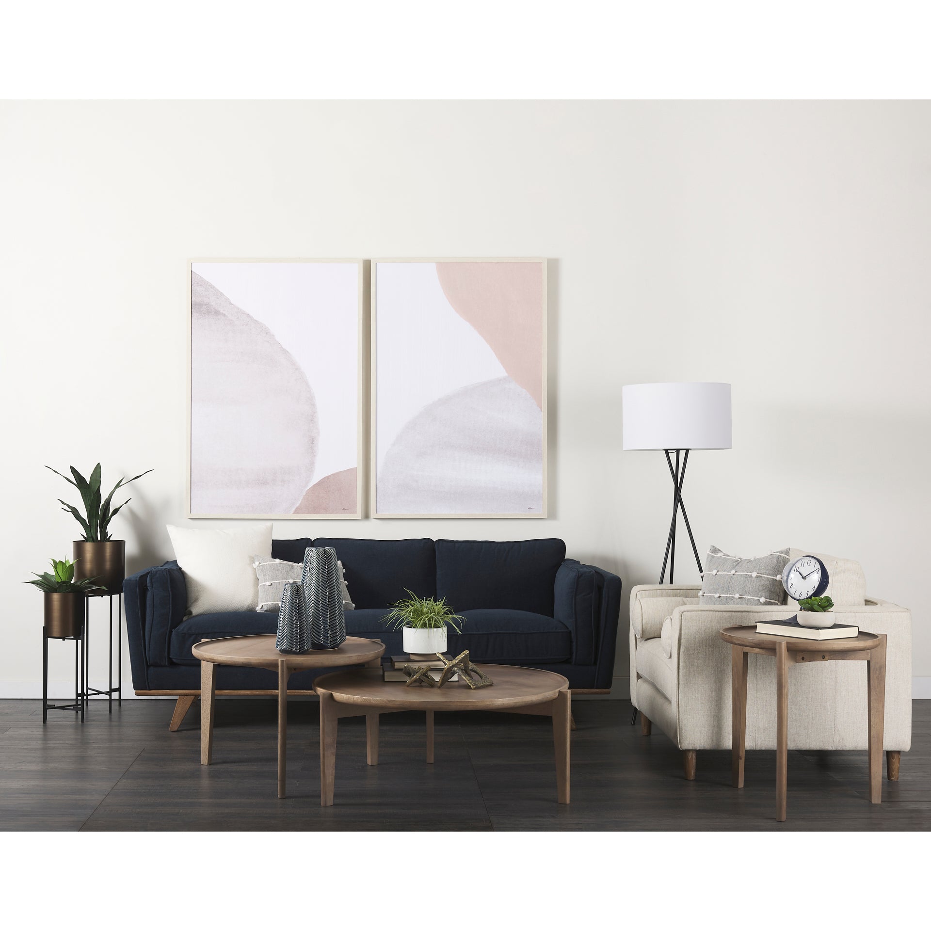 Brooks 90.2L x 34.8W x 33.5H Navy Blue Fabric Three Seater Sofa W/ Medium Brown Wooden Legs - Central Designs