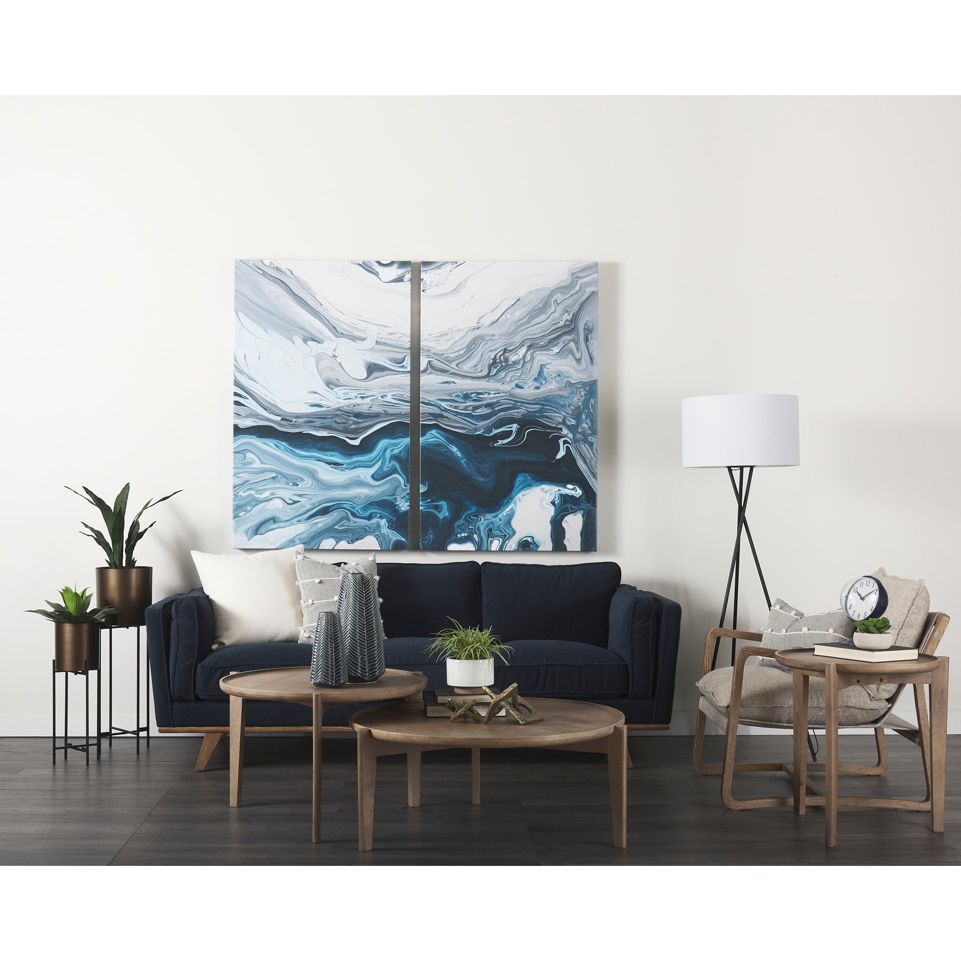 Brooks 90.2L x 34.8W x 33.5H Navy Blue Fabric Three Seater Sofa W/ Medium Brown Wooden Legs - Central Designs