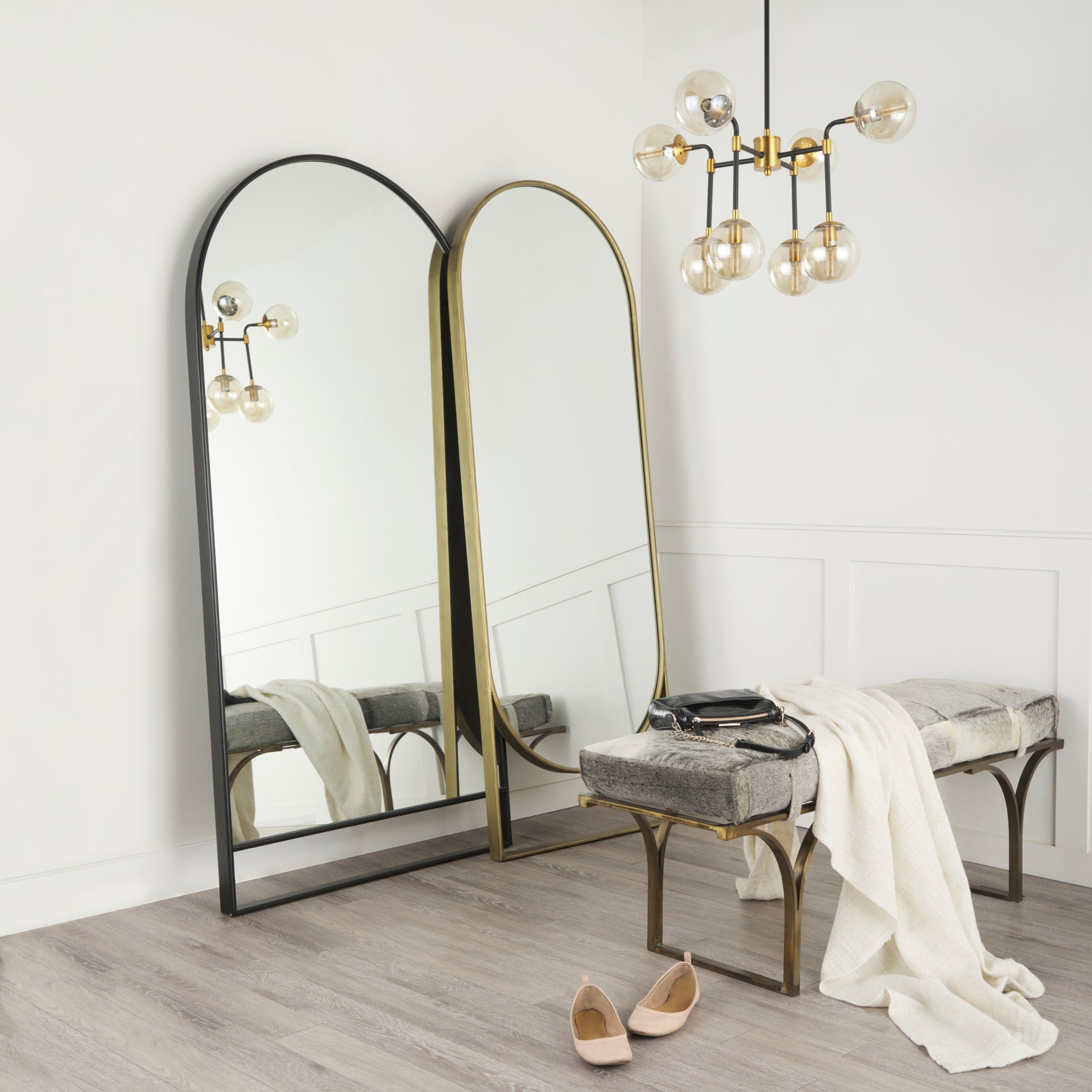 Sadie 28.0L x 2.0W x 78.0H Antique Gold Rounded Arch Floor Mirror - Central Designs