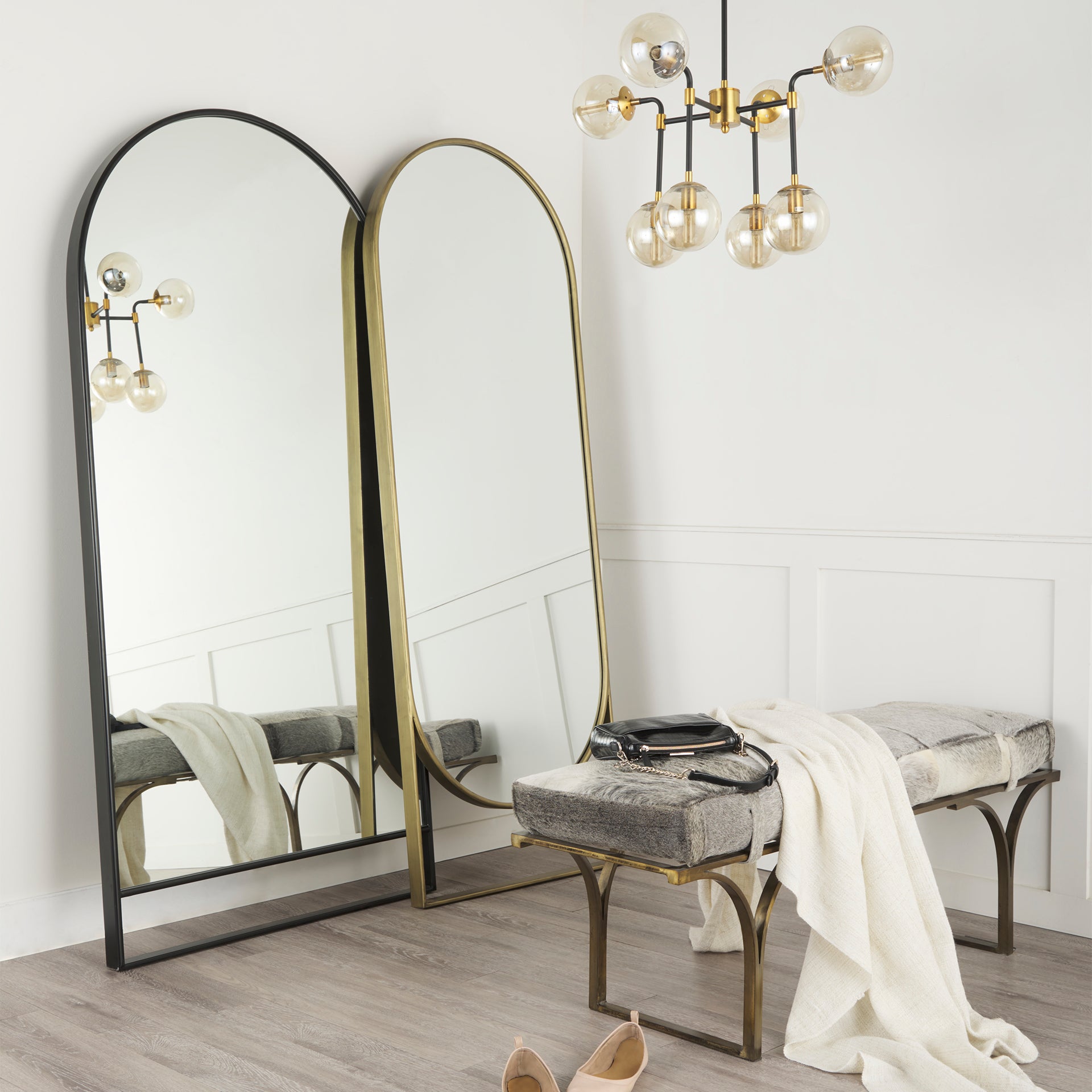 Jessie 55L x 16W White/Gray Hair - On - Hide Seat W/Gold Metal Base Accent Bench - Central Designs