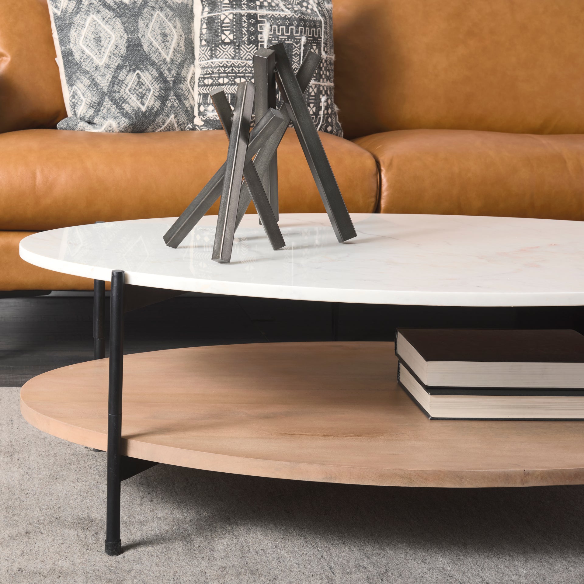 Larkin 48" Oval White Marble Top and Solid Wood Shelf w/ Black Metal Frame Coffee Table