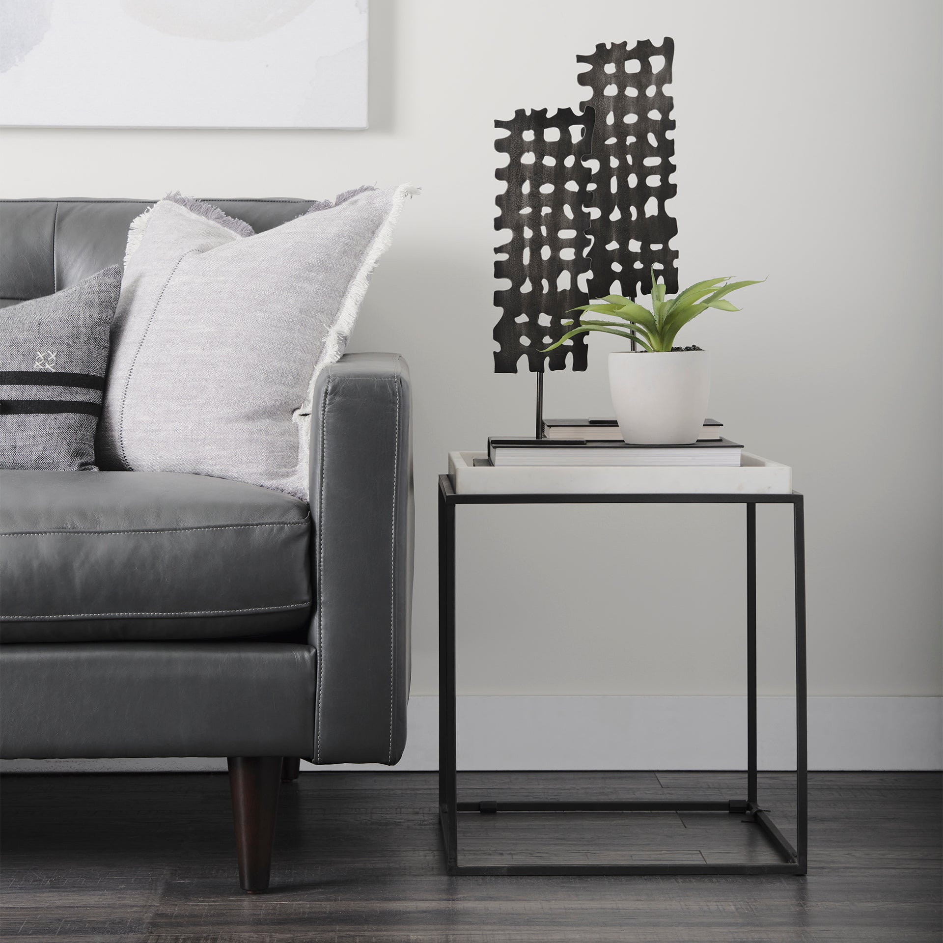 Nathan II 18" x 20" Square Top White Marble and Black Metal End/Side Table - Central Designs