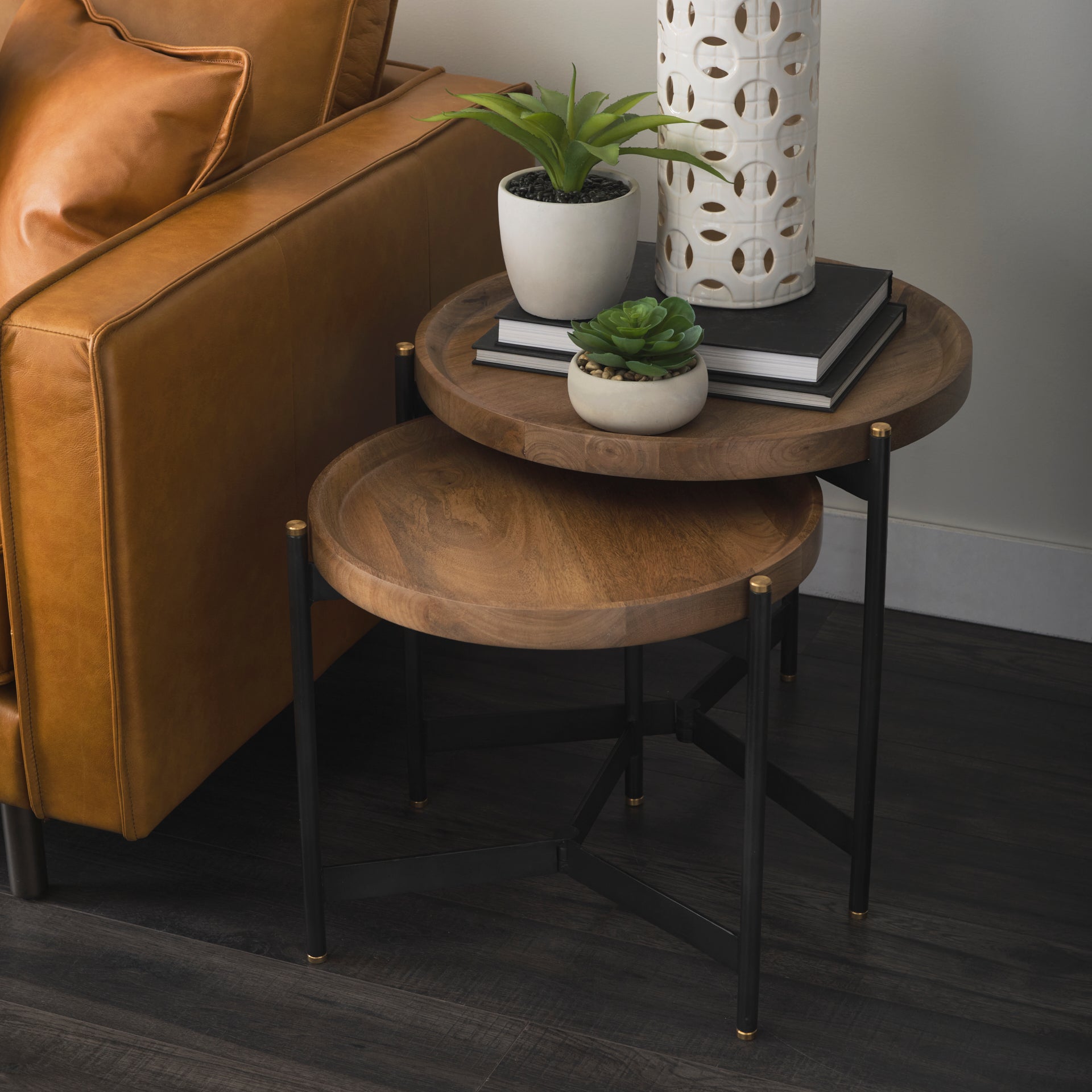 Marquisa (Set of 2) 22.5L x 22.5W x 20.8H Light Brown Wood W/ Black Metal Base Nesting Side Tables - Central Designs