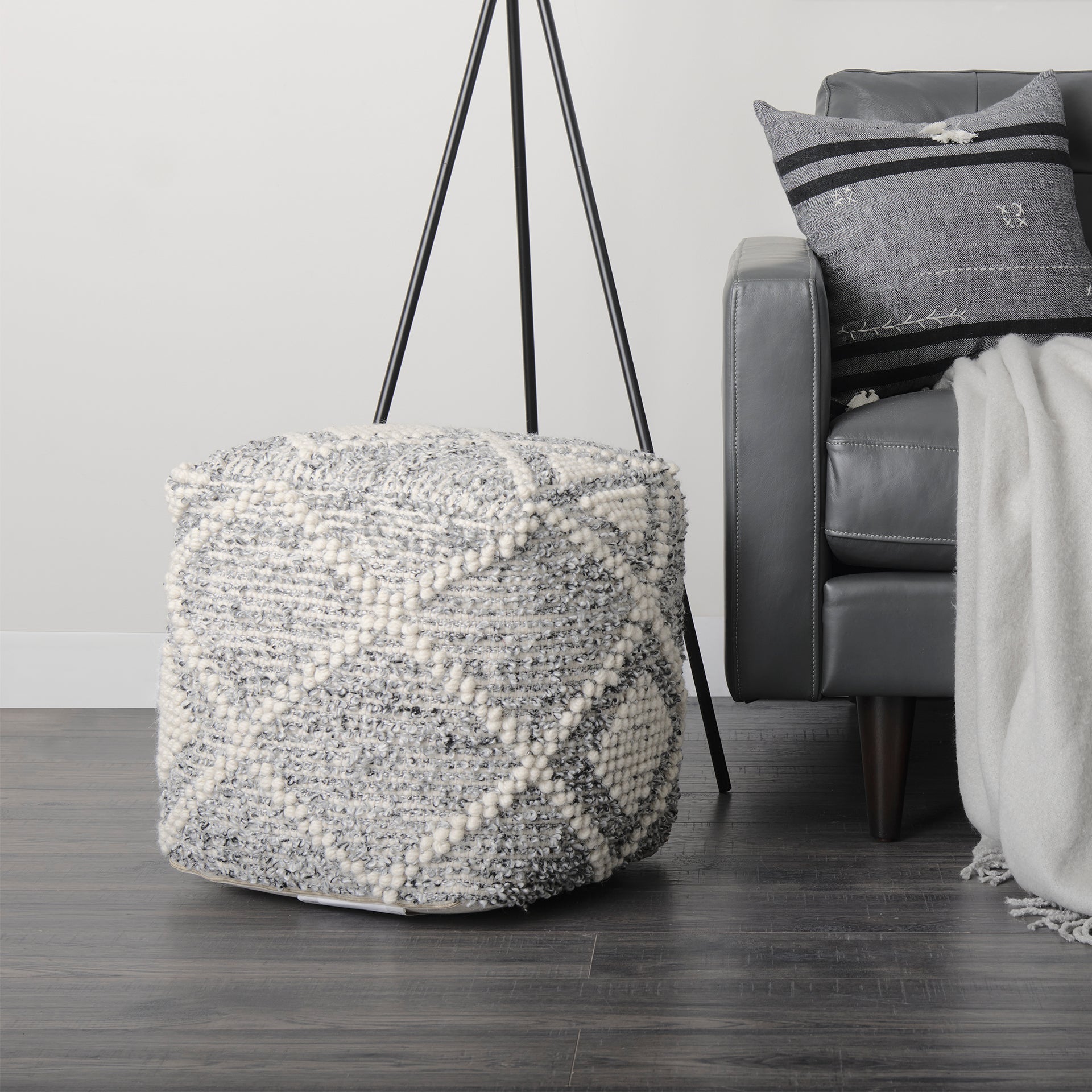 Ekiya 16.0L x 16.0W x 16.0H Black/White Yarn and Wool Patterened Pouf - Central Designs