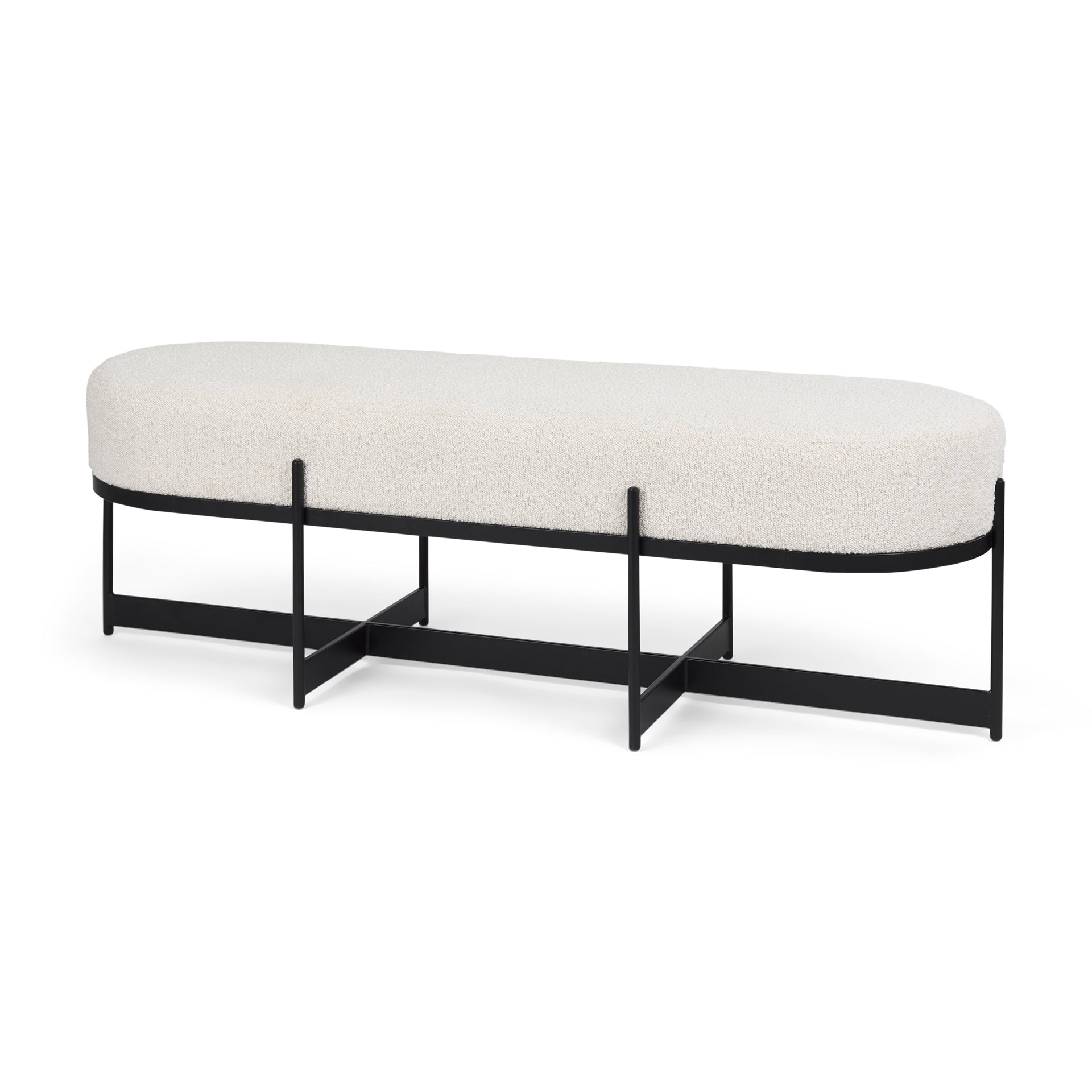 Amelia 55.0L x 18.0W x 18.0H Cream Boucle W/Black Metal Upholstered Bench - Central Designs