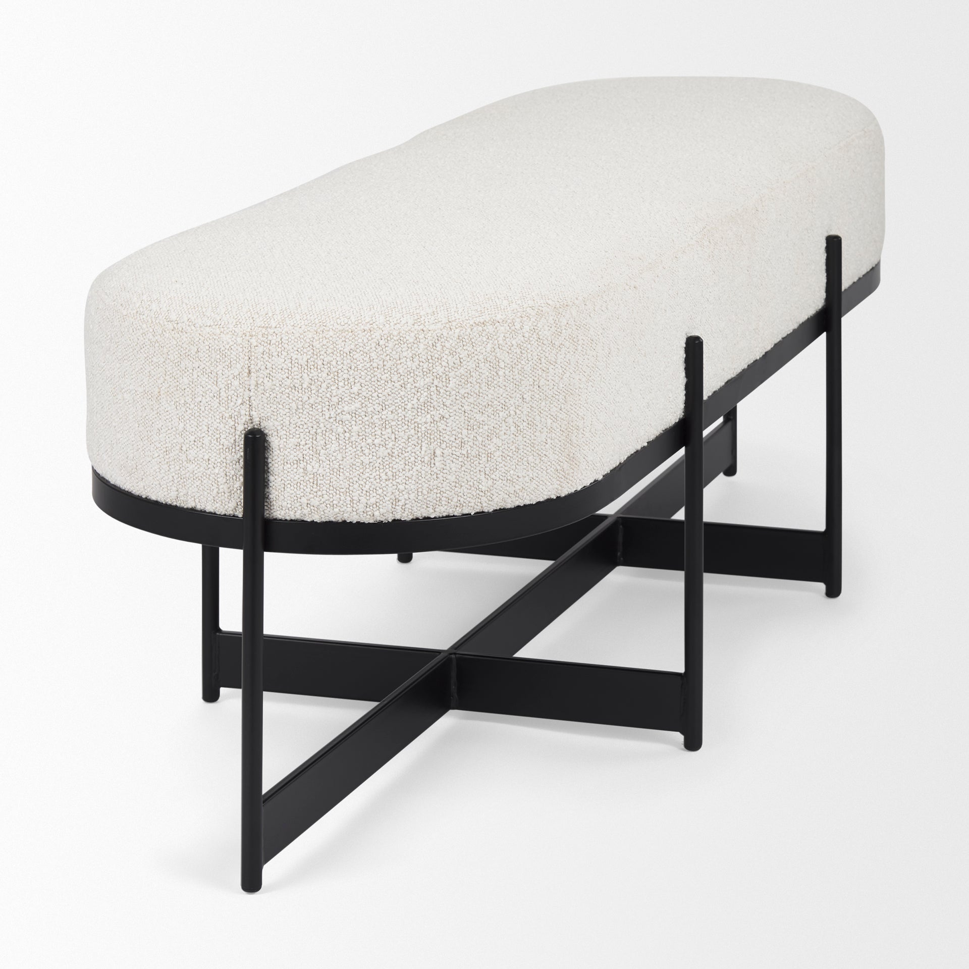 Amelia 55.0L x 18.0W x 18.0H Cream Boucle W/Black Metal Upholstered Bench - Central Designs