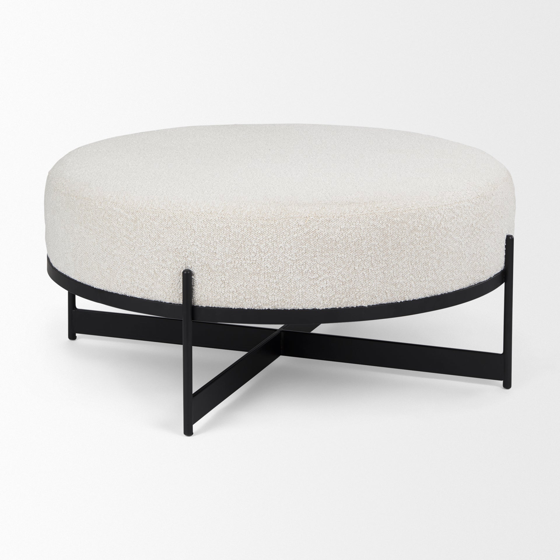 Amelia 35.8L x 35.8W x 15.0H Cream Boucle W/Black Metal Upholstered Ottoman - Central Designs