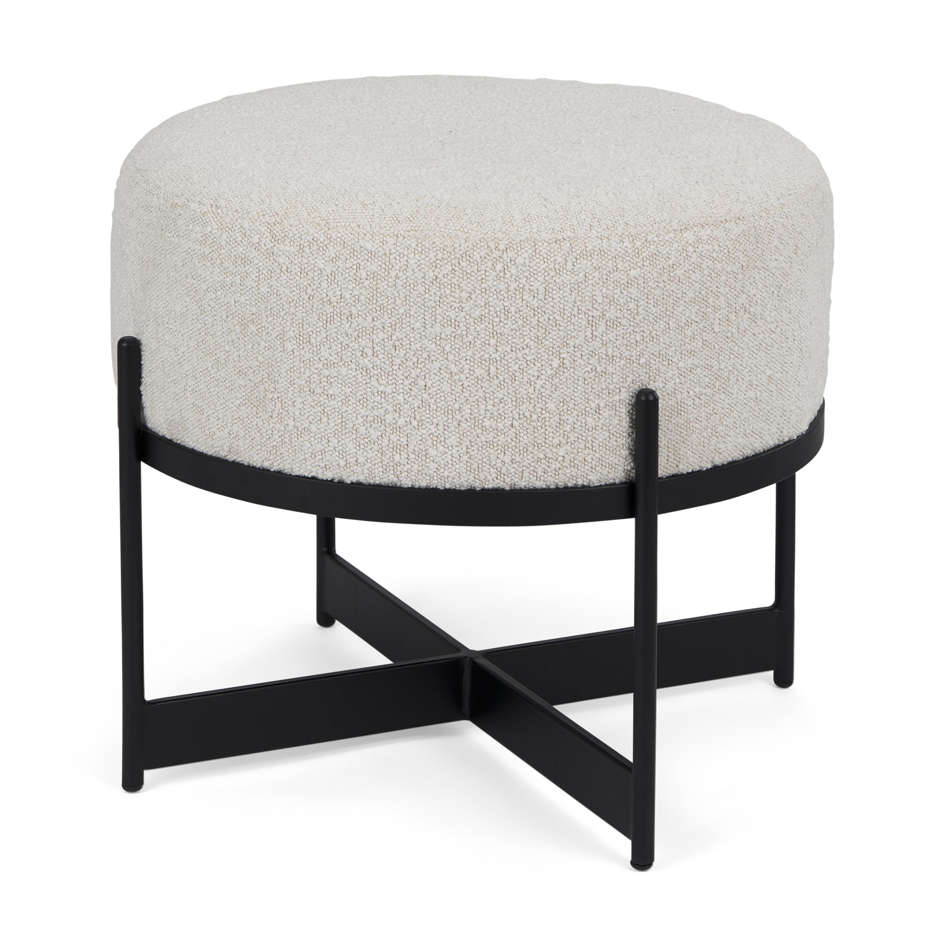 Amelia Cream Boucle W/Black Metal Upholstered Pouf - Central Designs