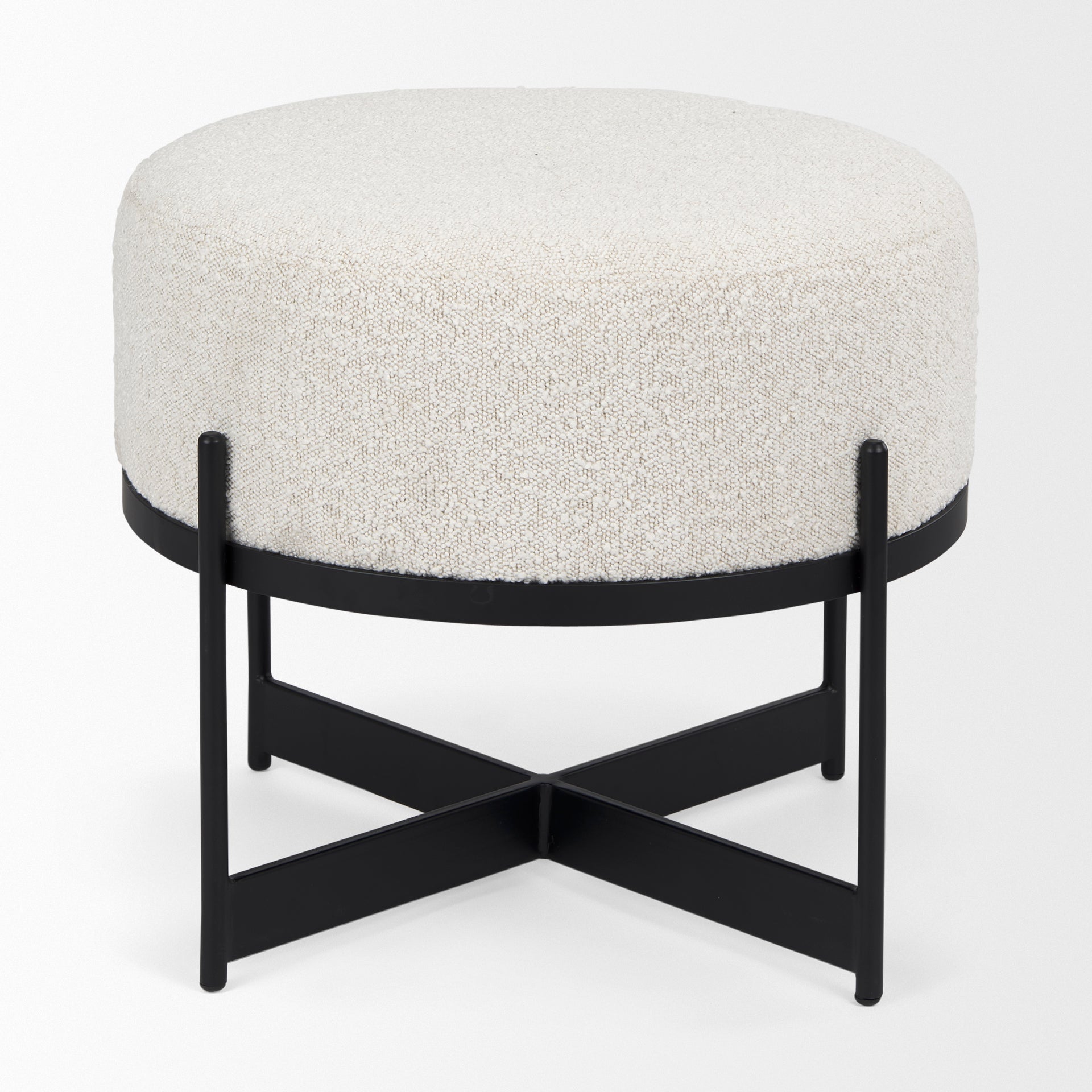 Amelia Cream Boucle W/Black Metal Upholstered Pouf - Central Designs
