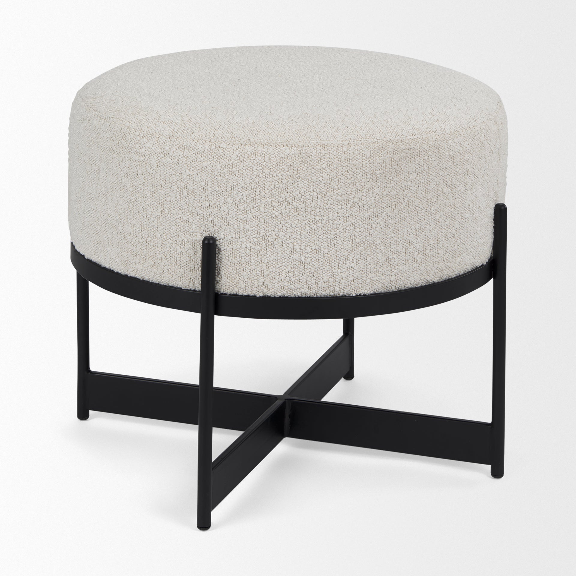 Amelia Cream Boucle W/Black Metal Upholstered Pouf - Central Designs