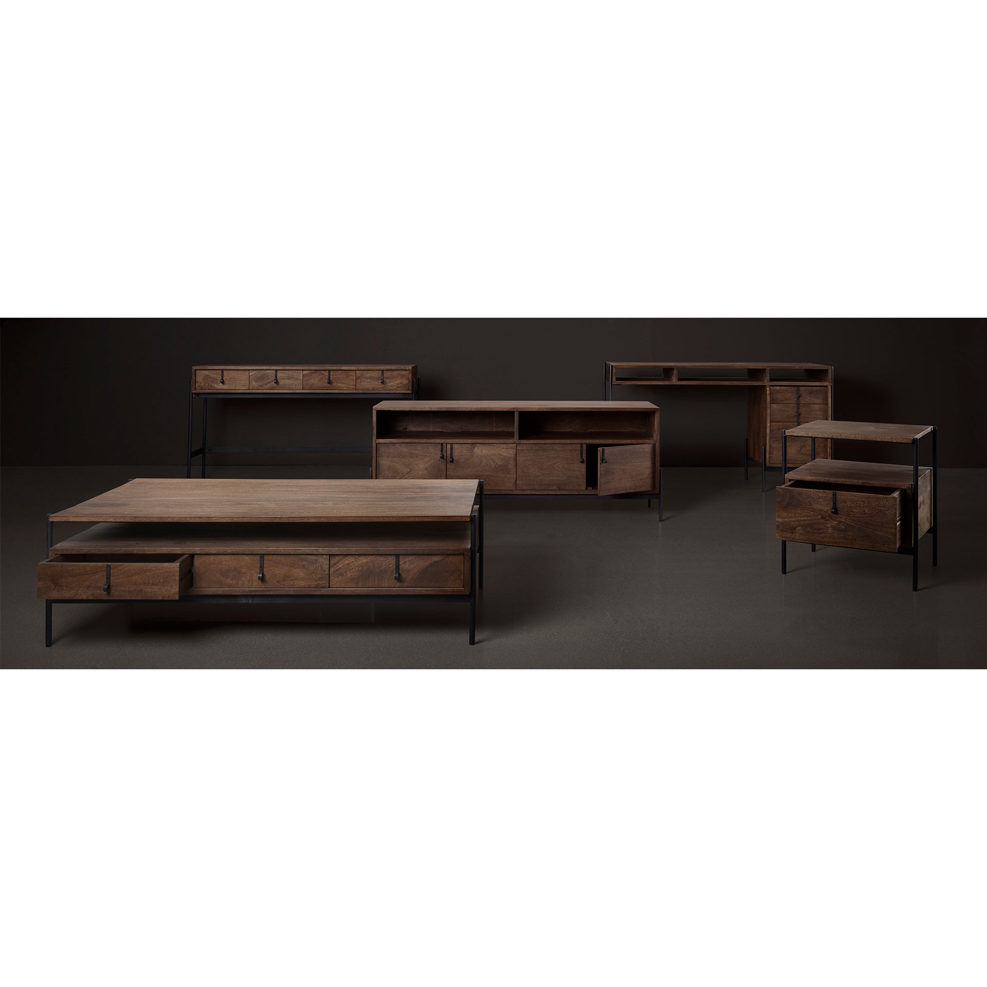 Glenn III 56L x 14W Dark Brown Wood w/ Black Iron Frame, 4 Drawer Console Table - Central Designs