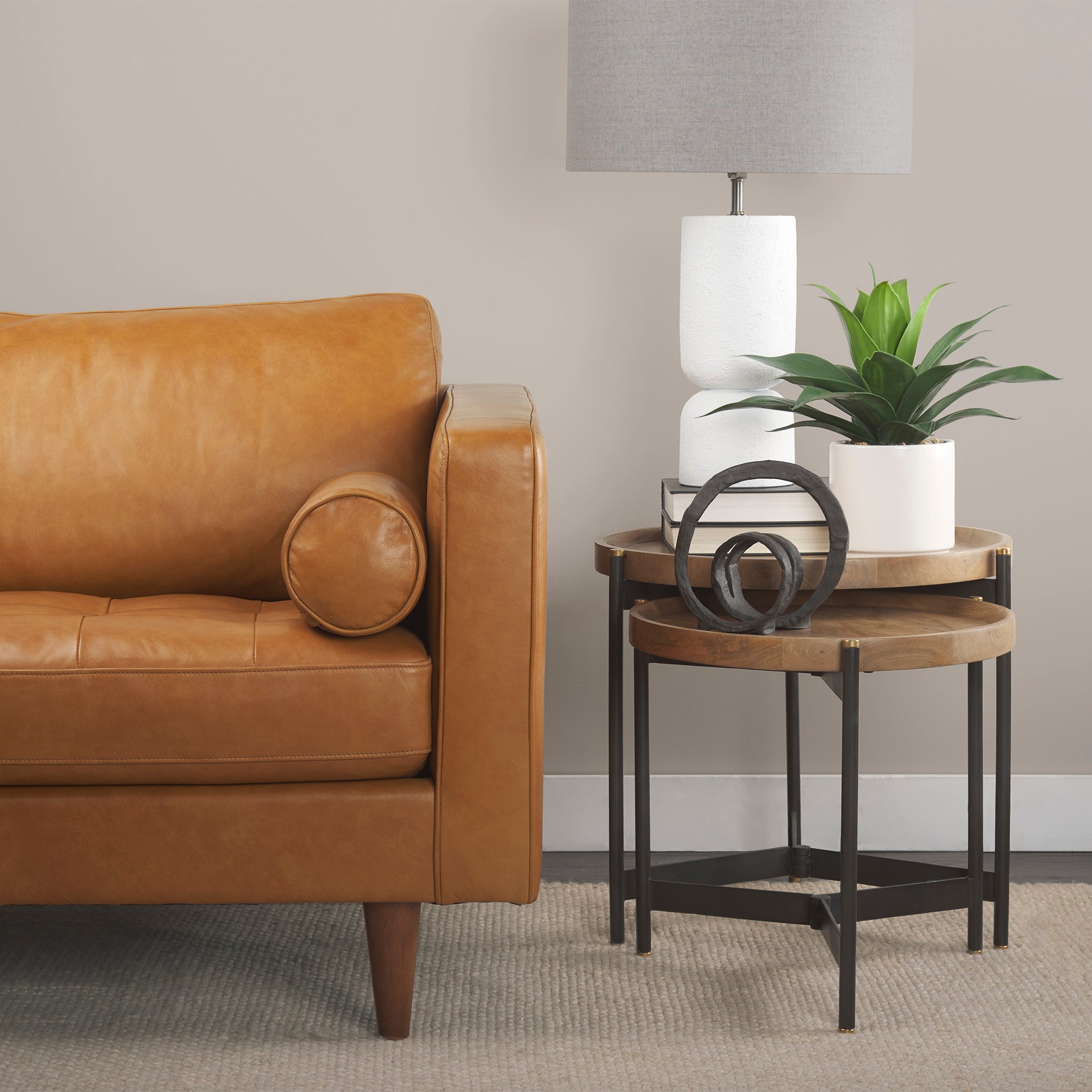 Marquisa (Set of 2) 22.5L x 22.5W x 20.8H Light Brown Wood W/ Black Metal Base Nesting Side Tables - Central Designs