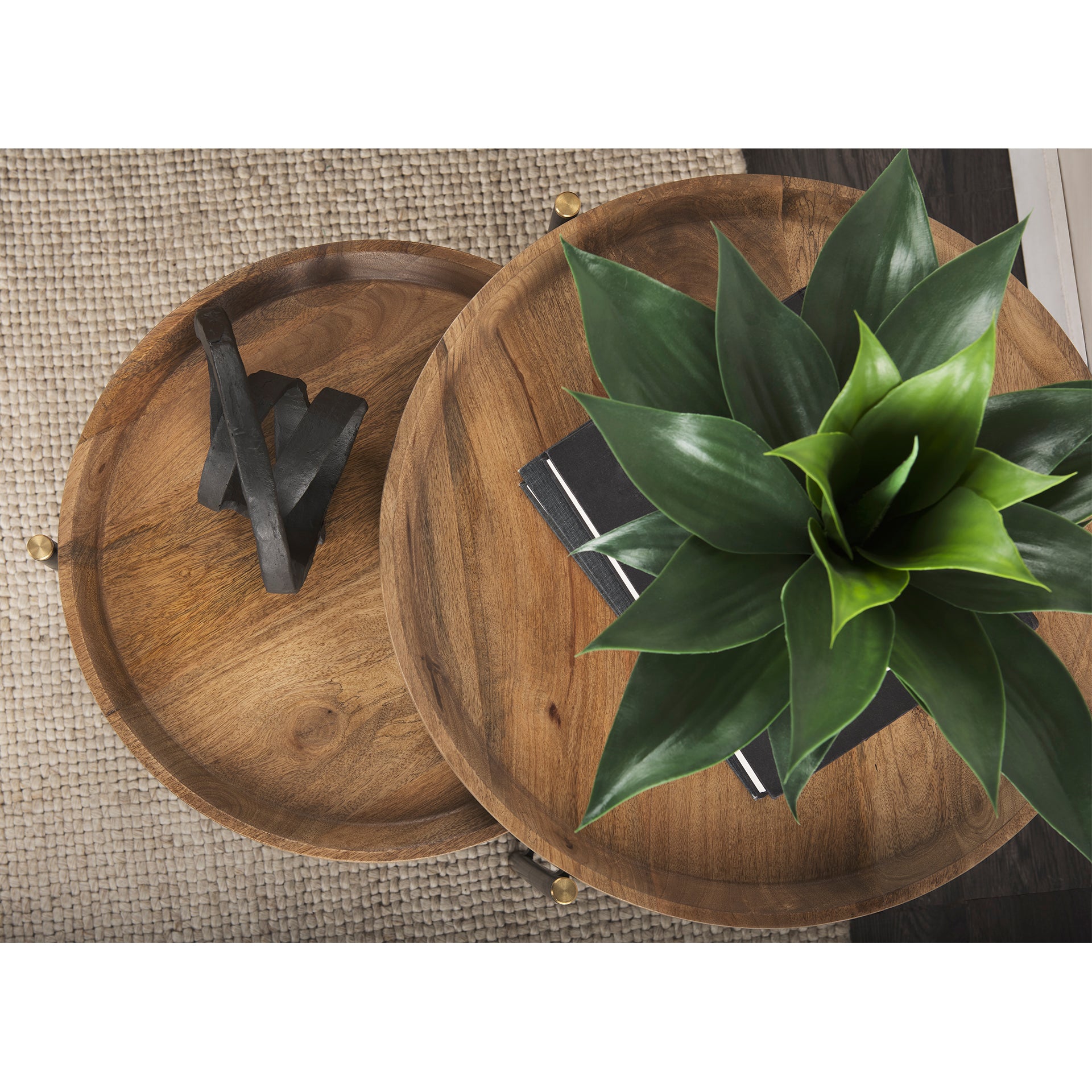 Marquisa (Set of 2) 22.5L x 22.5W x 20.8H Light Brown Wood W/ Black Metal Base Nesting Side Tables - Central Designs