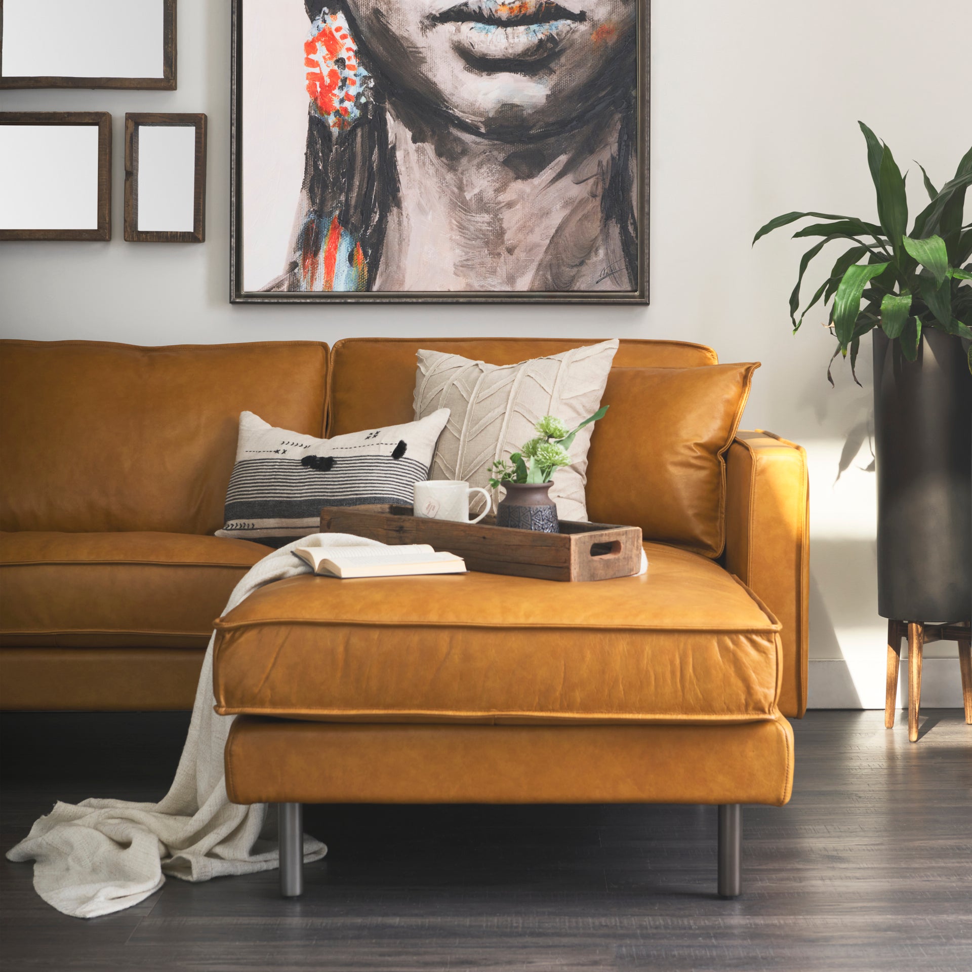 D'Arcy 111"L x 70"D x 33"H Tan Leather Right Chaise Sectional - Central Designs