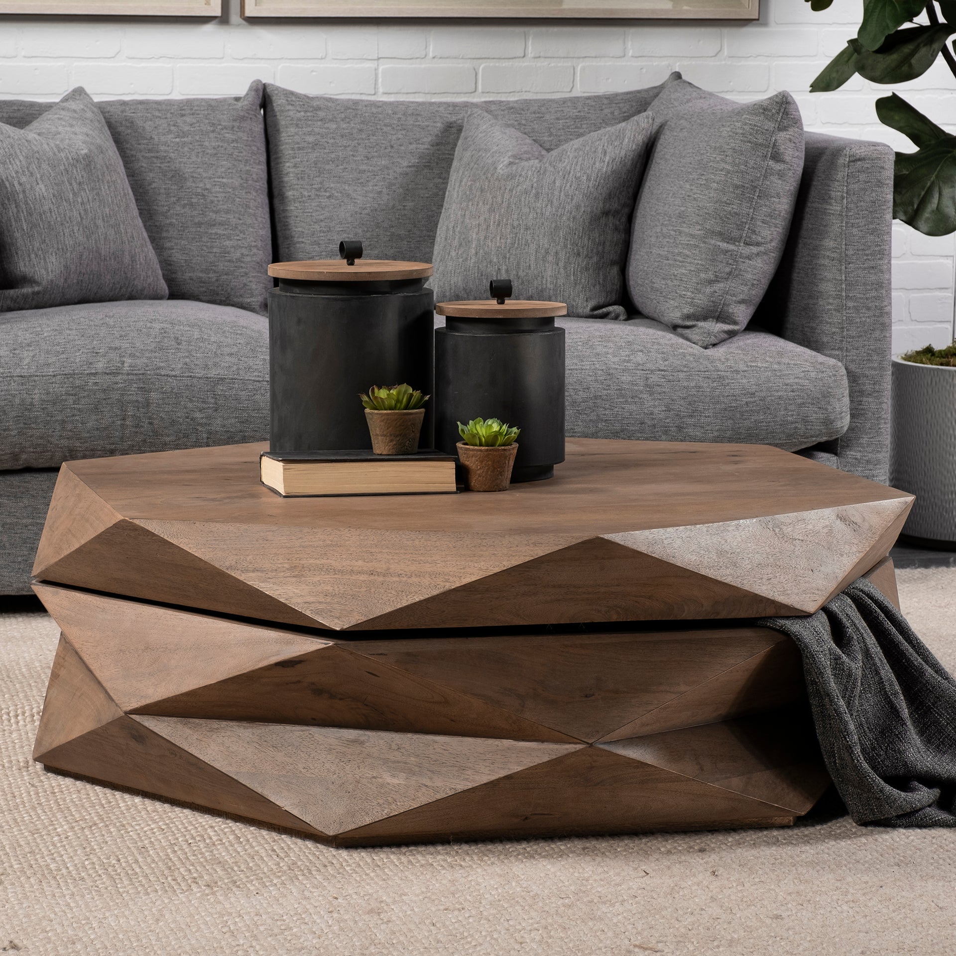 Arreto Hexagonal Hinged Solid Wood Top and Base Coffee Table - Central Designs