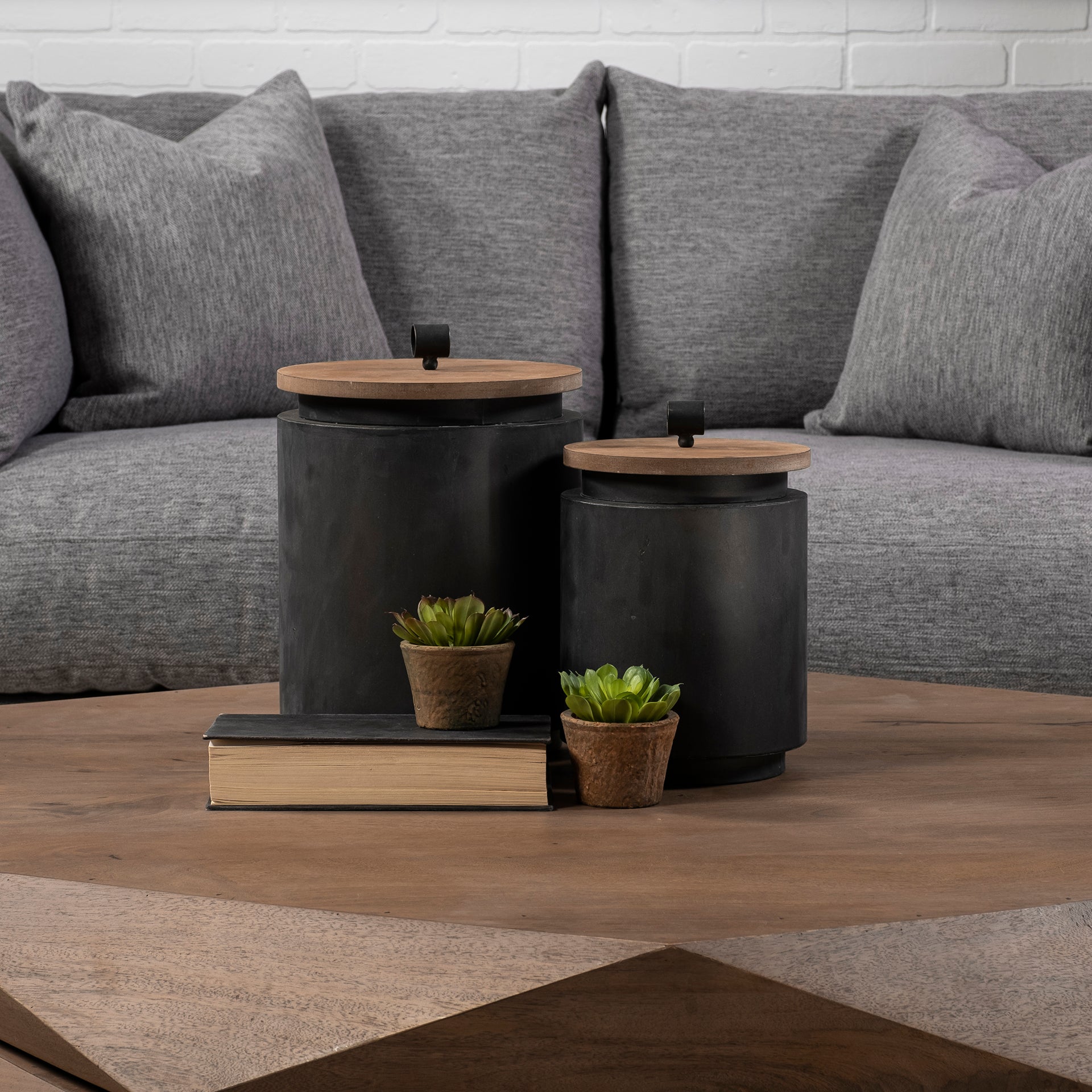 Cyril (Set of 2) Gray Metal W/ Brown Wood Lids Jars - Central Designs