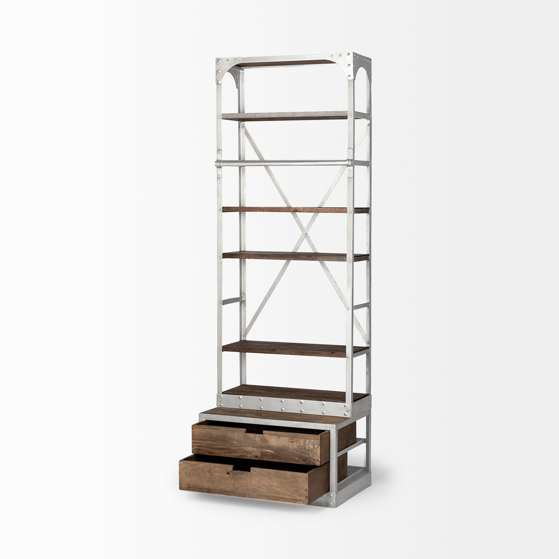 Brodie III 32L x 22W x 94H  Medium Brown Wood Silver Accent Four Shelf Shelving Unit