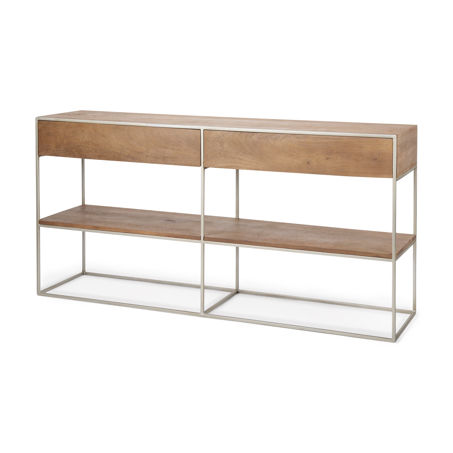Morris I 63L x 15W x 31H Brown Wood w/ Silver Metal Frame 2 Drawer Console Table - Central Designs