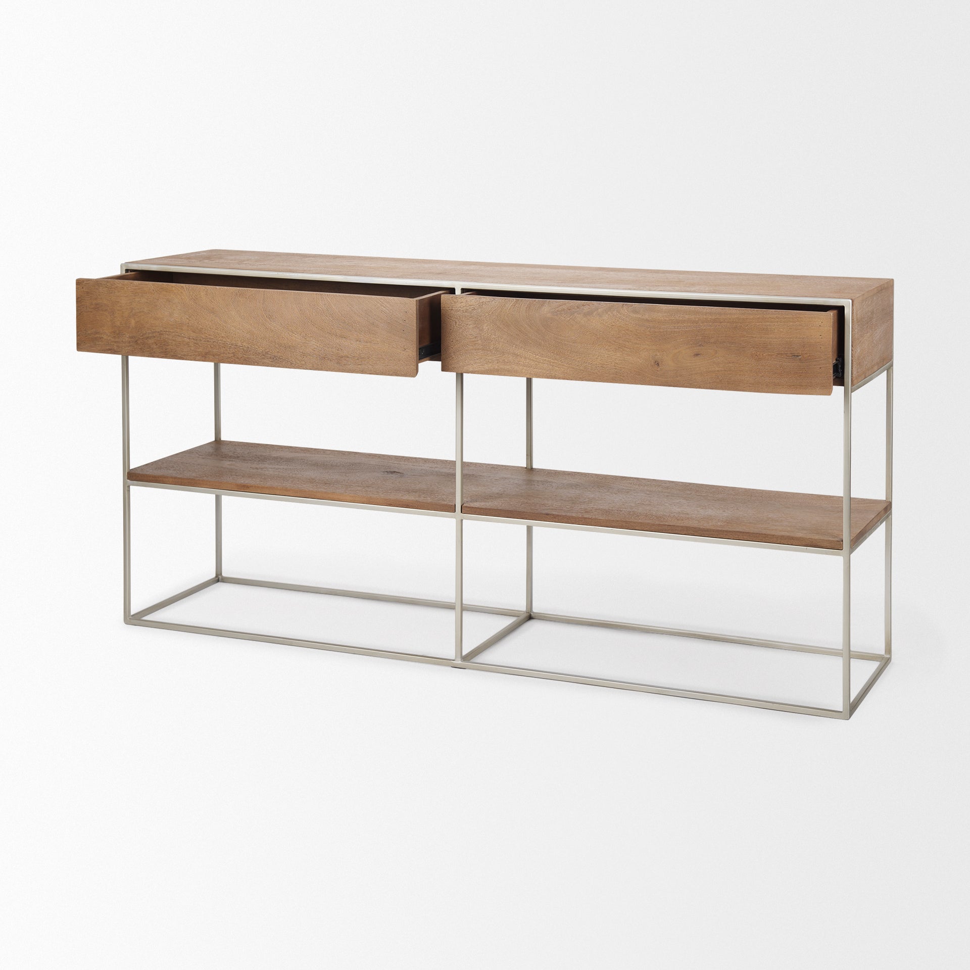 Morris I 63L x 15W x 31H Brown Wood w/ Silver Metal Frame 2 Drawer Console Table - Central Designs