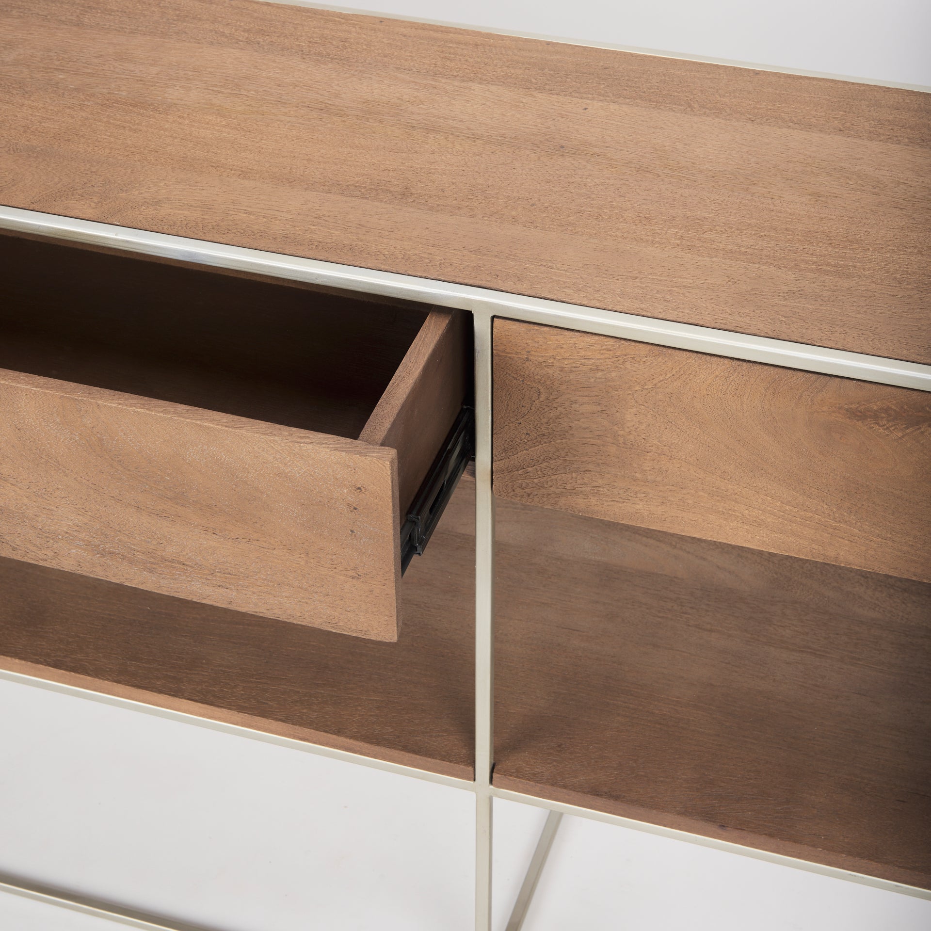 Morris I 63L x 15W x 31H Brown Wood w/ Silver Metal Frame 2 Drawer Console Table - Central Designs