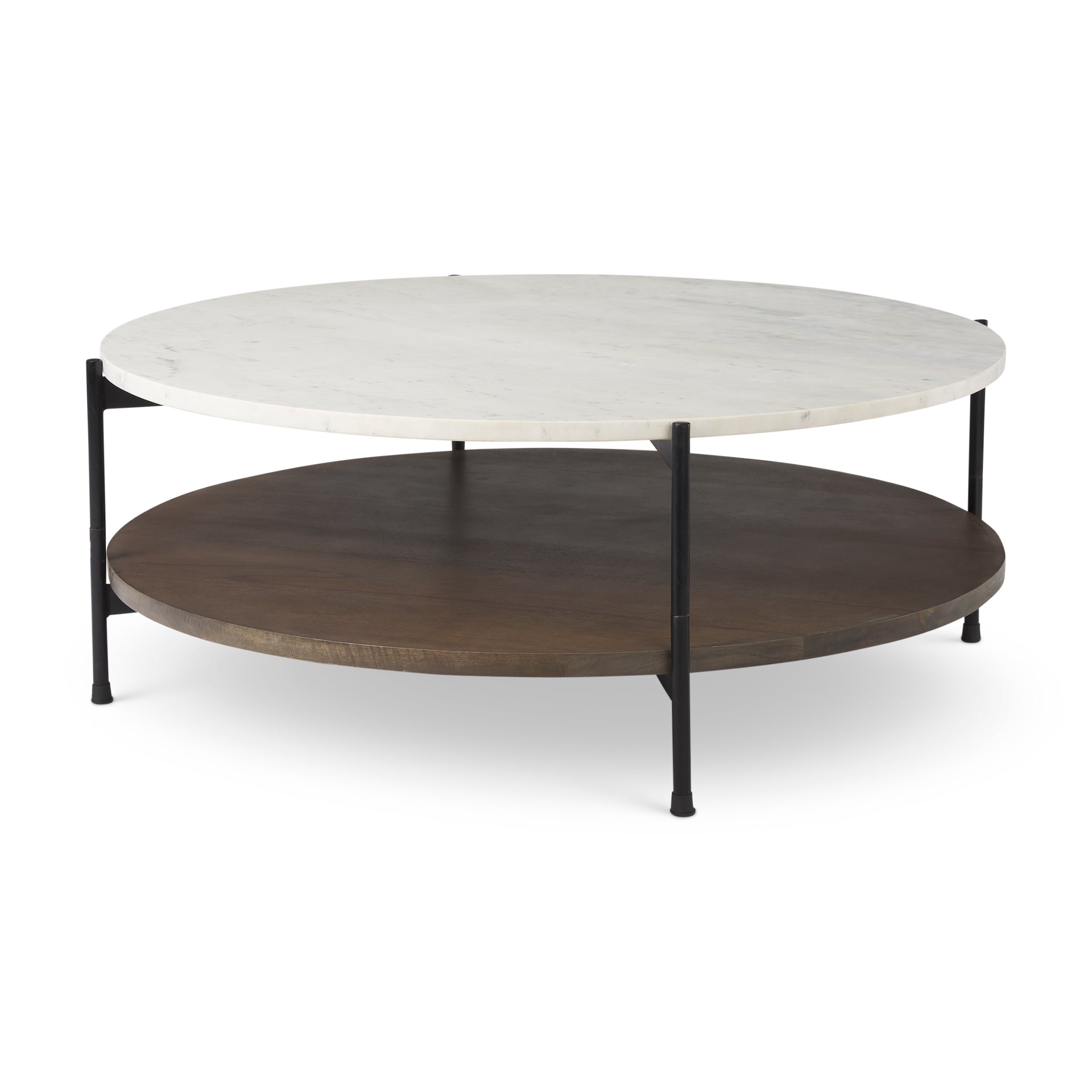 Larkin 42" Round Two - Tier White Marble Top and Solid Wood Shelf w/ Black Metal Frame Coffee Table - Central Designs