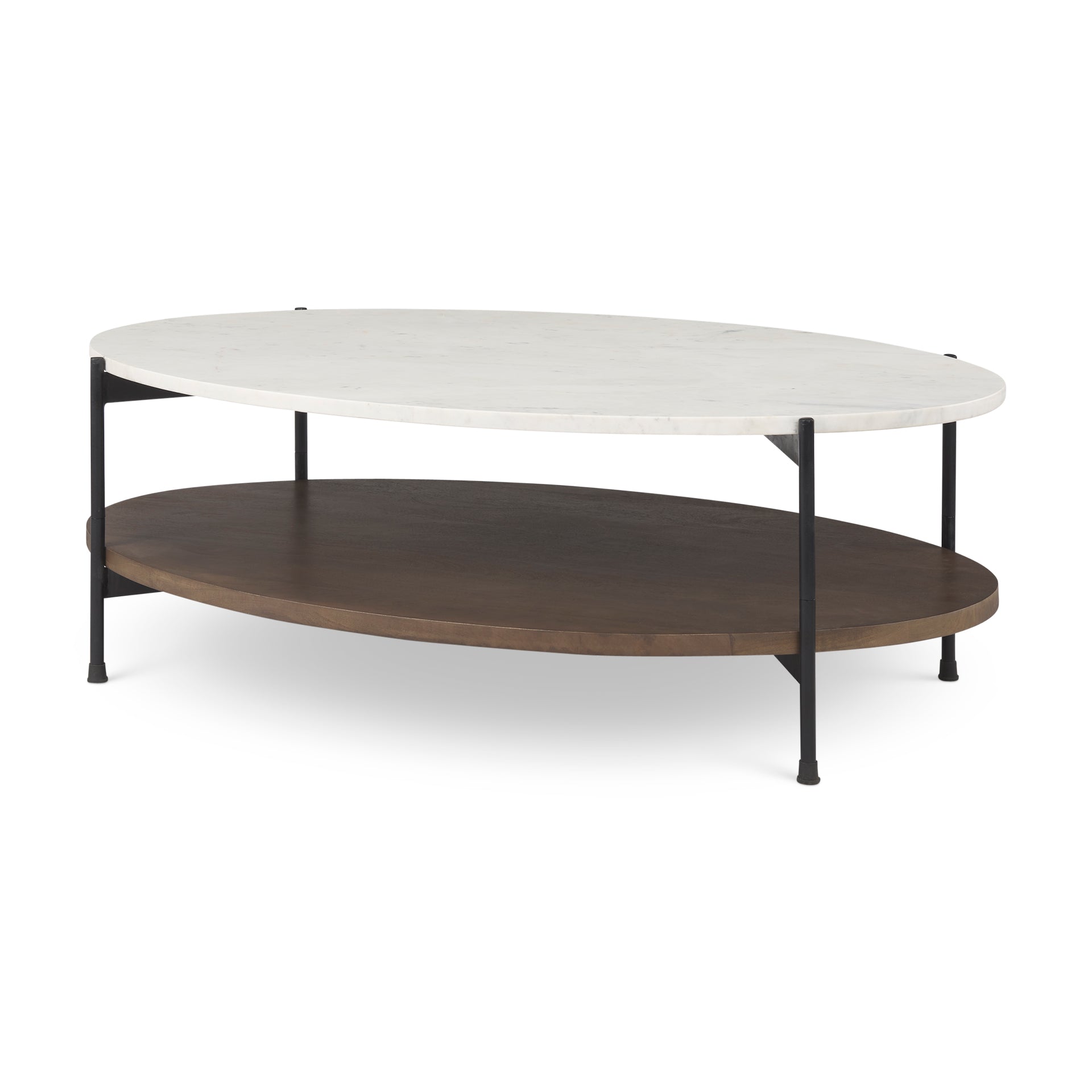 Larkin White Marble Top w/ Dark Brown Wood Shelf Oval Coffee Table - Central Designs