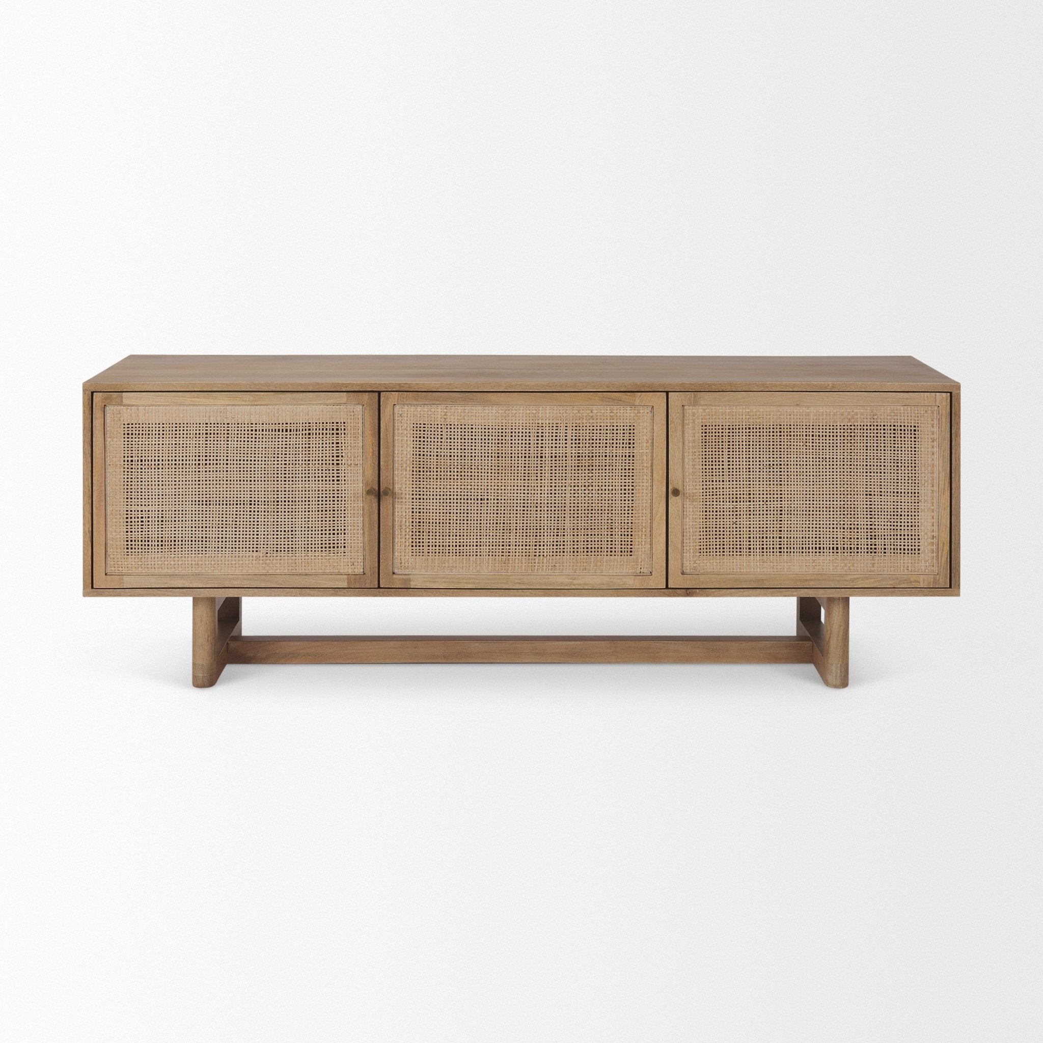 Grier Light Brown Solid Wood and Cane 3 Door Media Console - Central Designs