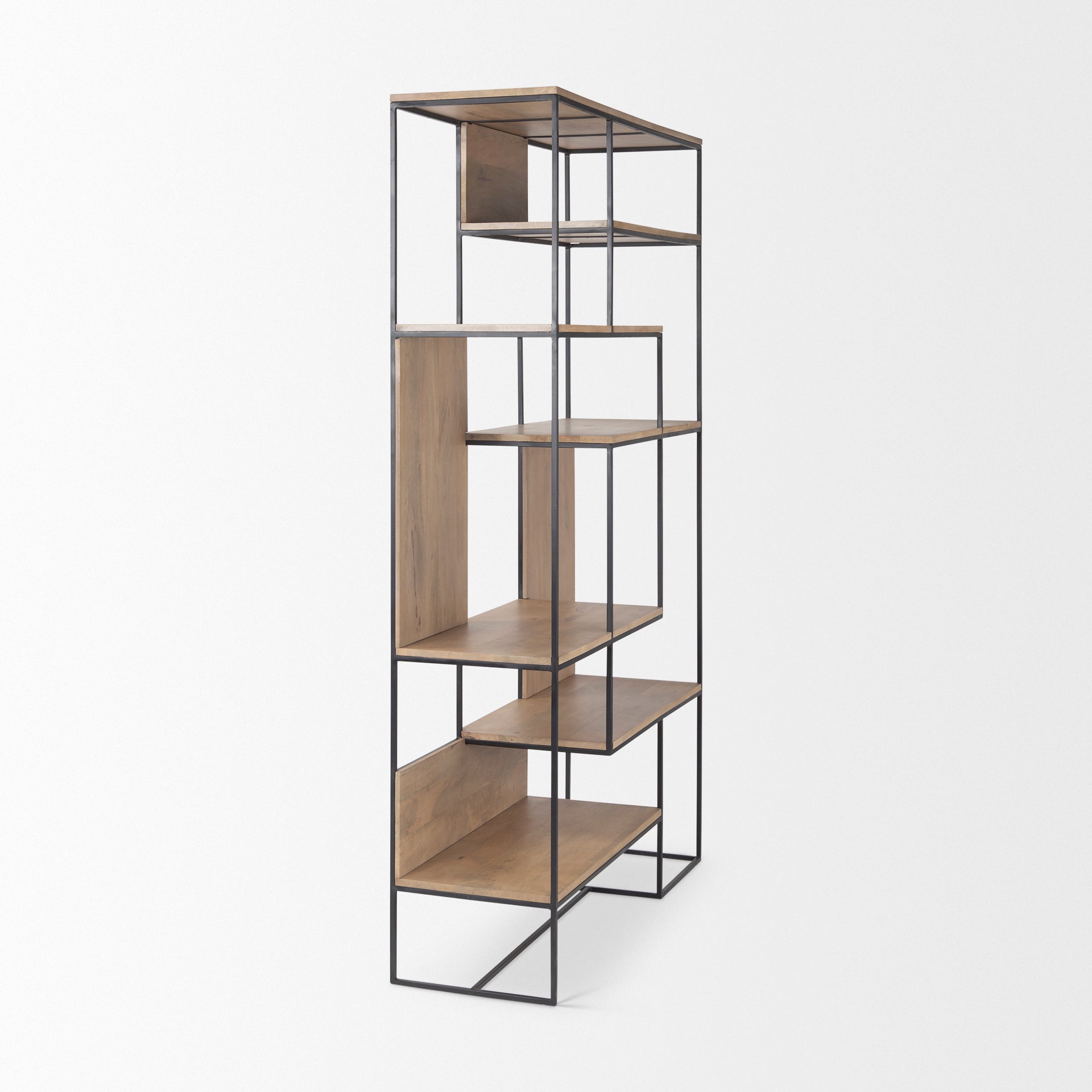 Morris 47.0L x 15.0W x 75.0H Light Brown Wood w/ Black Metal Frame 6 - Tier Shelving Unit - Central Designs