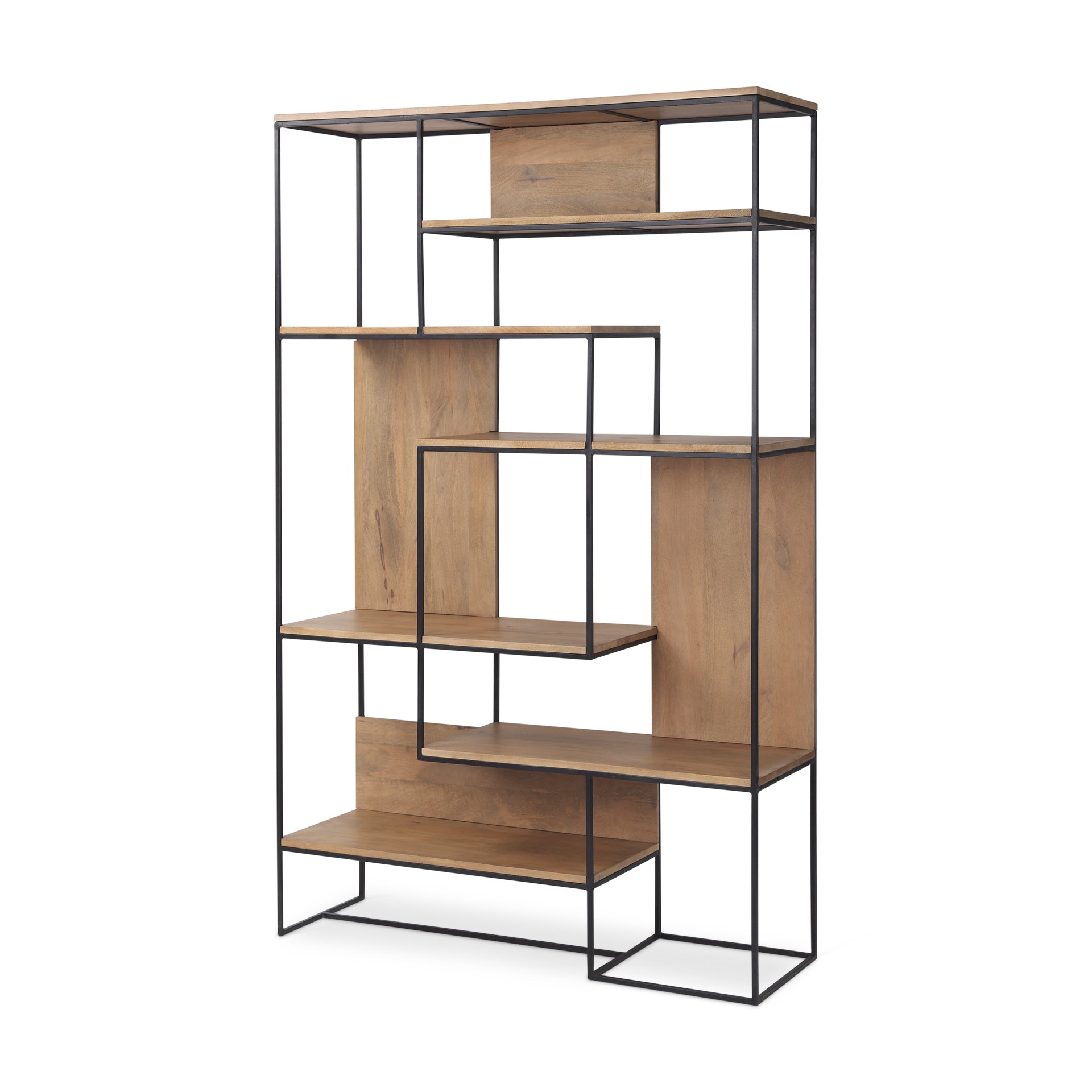 Morris 47.0L x 15.0W x 75.0H Light Brown Wood w/ Black Metal Frame 6 - Tier Shelving Unit - Central Designs