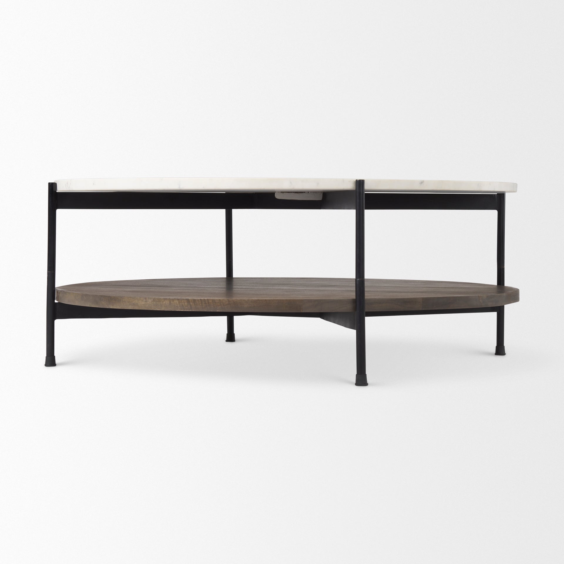 Larkin 42" Round Two - Tier White Marble Top and Solid Wood Shelf w/ Black Metal Frame Coffee Table - Central Designs
