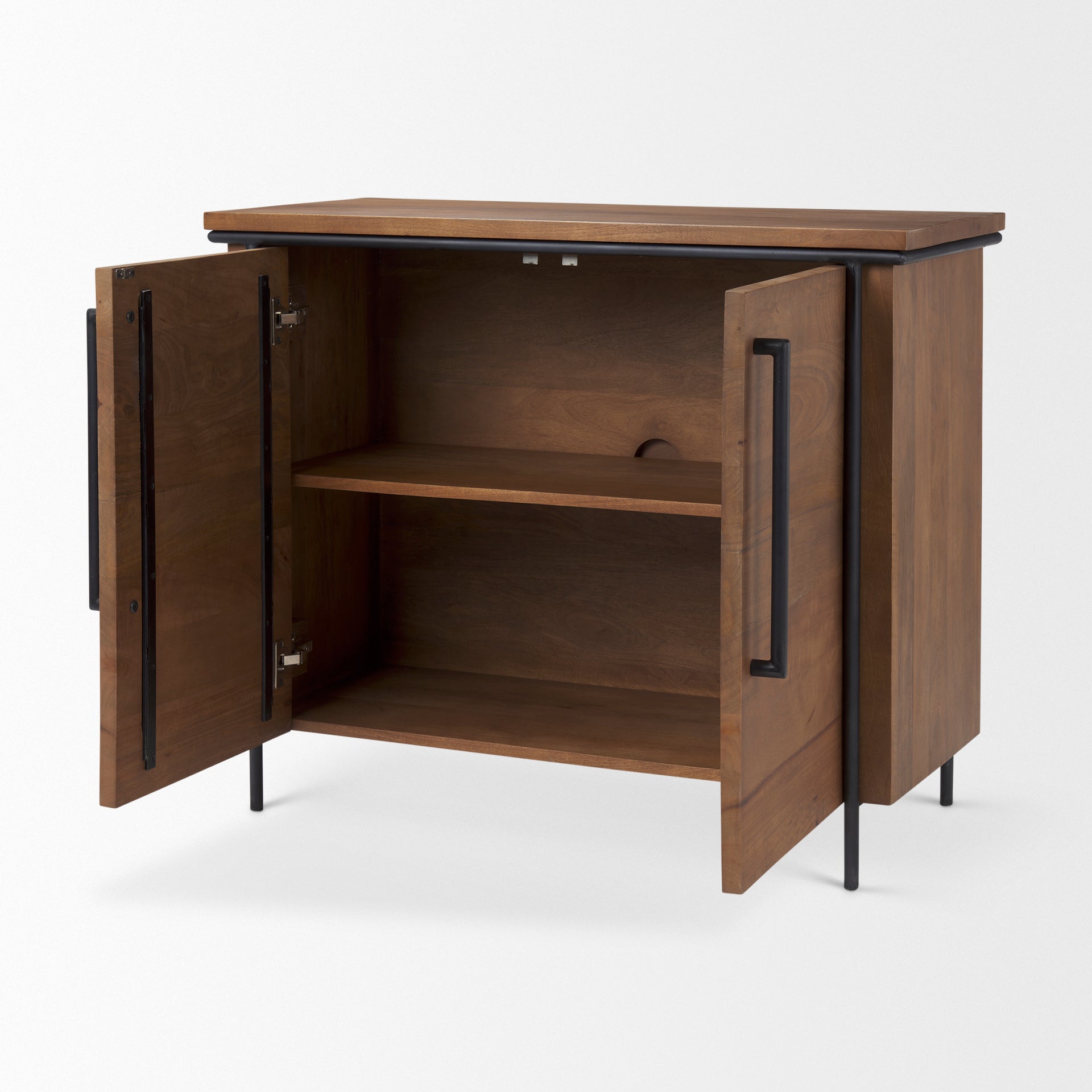 Maddox 40.0L x 18.5W x 32.75H Brown Solid Wood Black Metal 2 Door Accent Cabinet - Central Designs