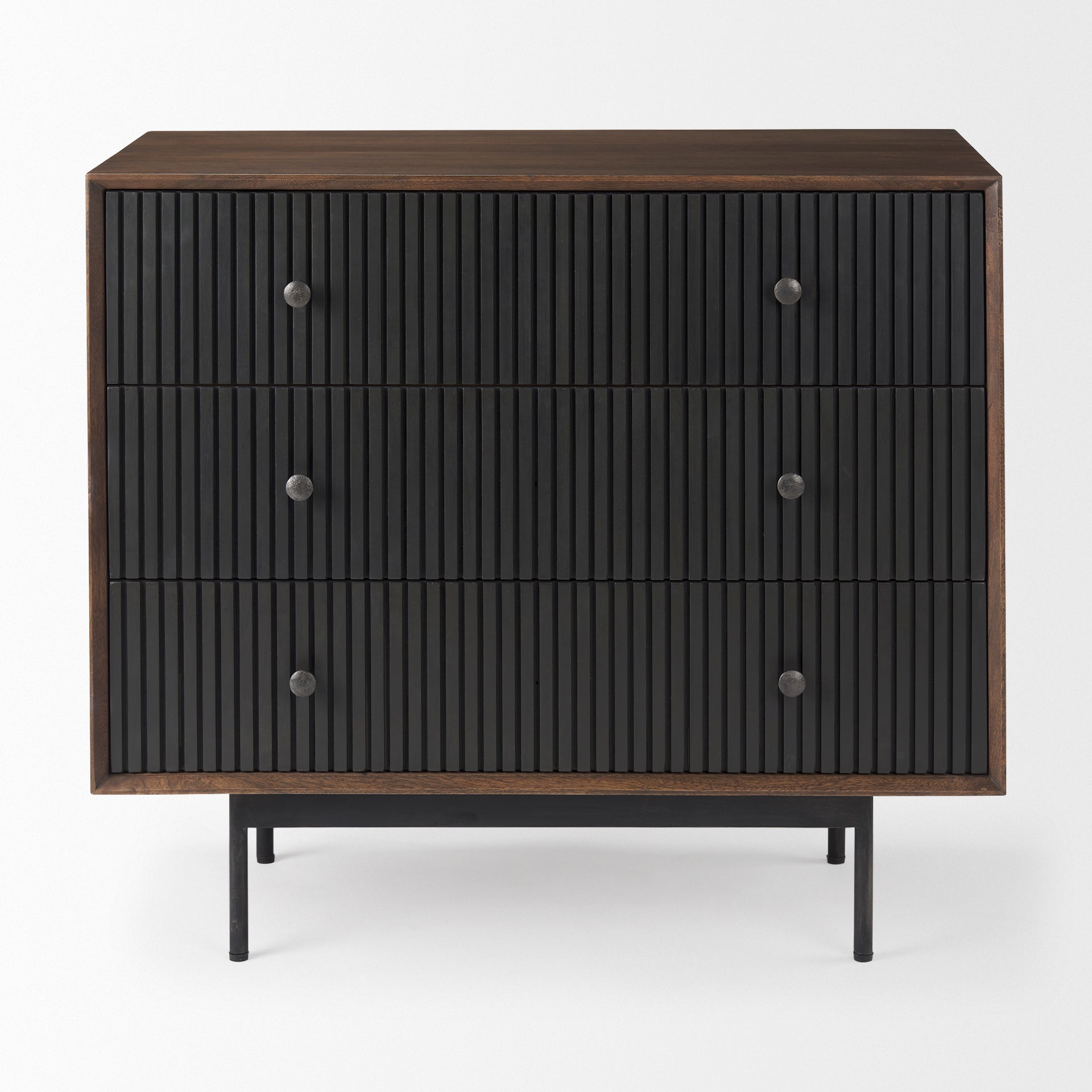 Grace 35.5L x 18.0W x 31.0H Medium Brown Wood W/Black Metal Frame 3 Drawer Accent Cabinet - Central Designs