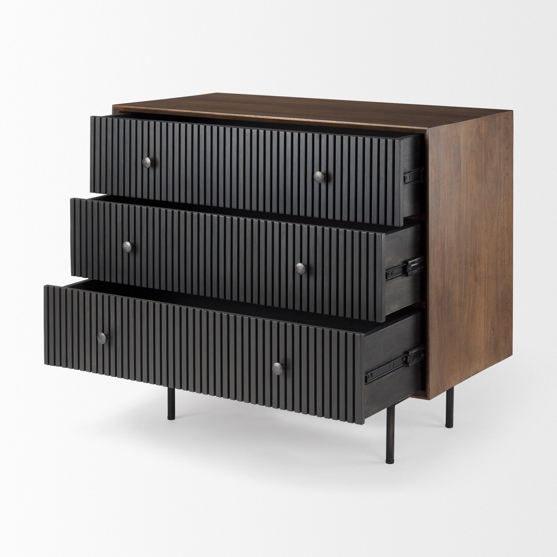 Grace 35.5L x 18.0W x 31.0H Medium Brown Wood W/Black Metal Frame 3 Drawer Accent Cabinet - Central Designs