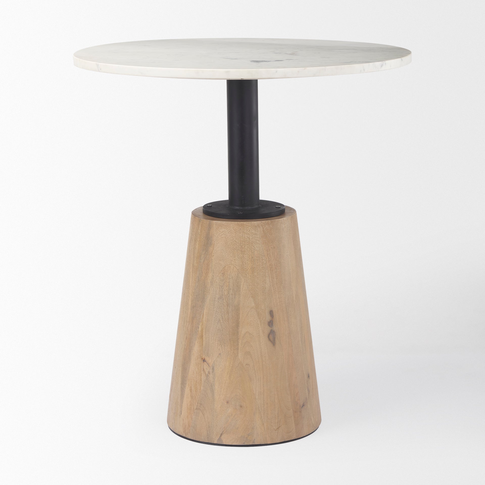 Maxwell 32" Round White Marble Tabletop w/ Blonde Wood & Black Metal Accent Pedestal Bistro Table - Central Designs